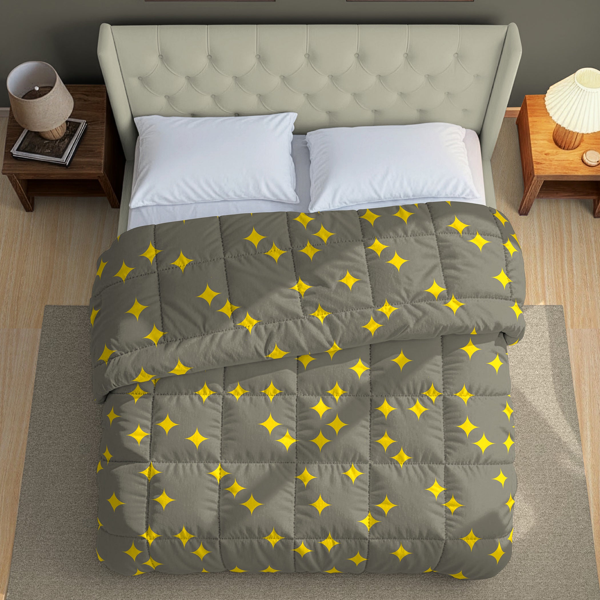 Grey & Yellow Geometric Microfiber Lightweight AC Room 150 GSM Comforter