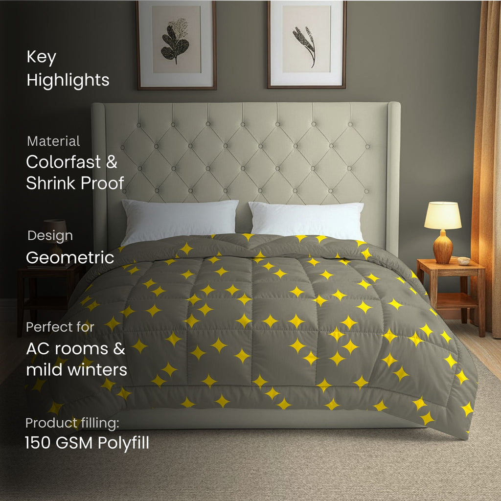 Grey & Yellow Geometric Microfiber Lightweight AC Room 150 GSM Comforter