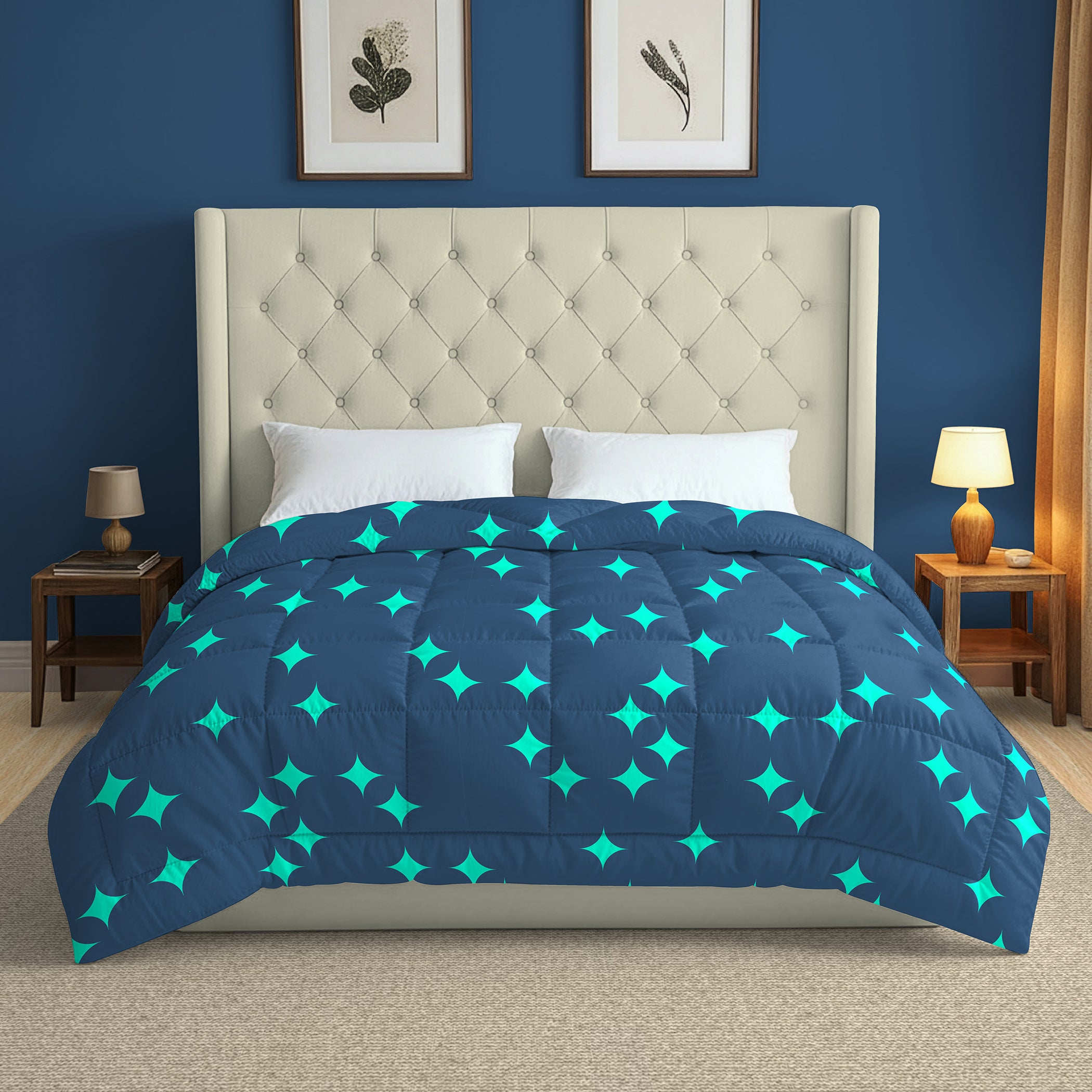 Navy Blue & Teal Geometric Microfiber Lightweight AC Room 150 GSM Comforter