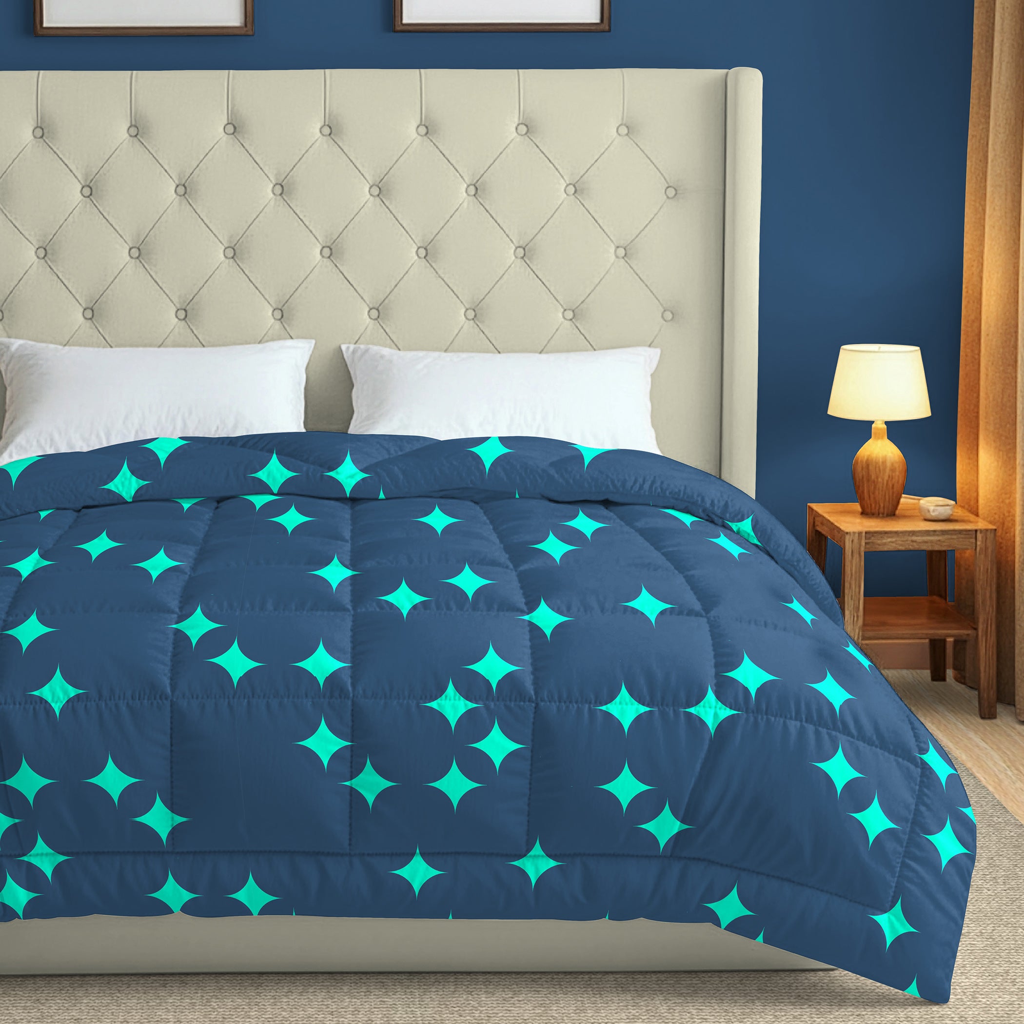 Navy Blue & Teal Geometric Microfiber Lightweight AC Room 150 GSM Comforter