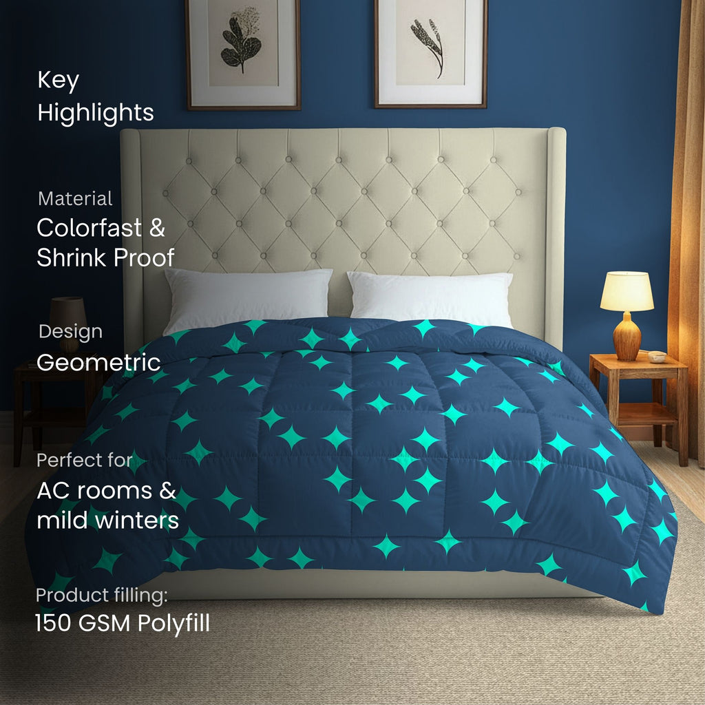 Navy Blue & Teal Geometric Microfiber Lightweight AC Room 150 GSM Comforter