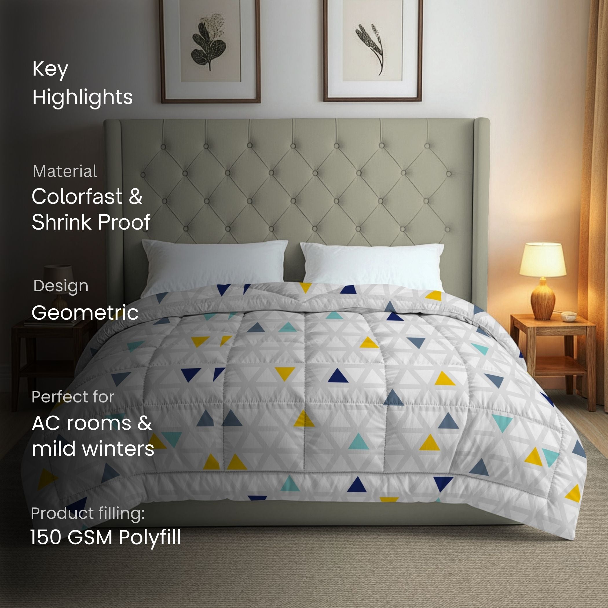 White & Yellow Geometric Microfiber Lightweight 150 GSM Comforter