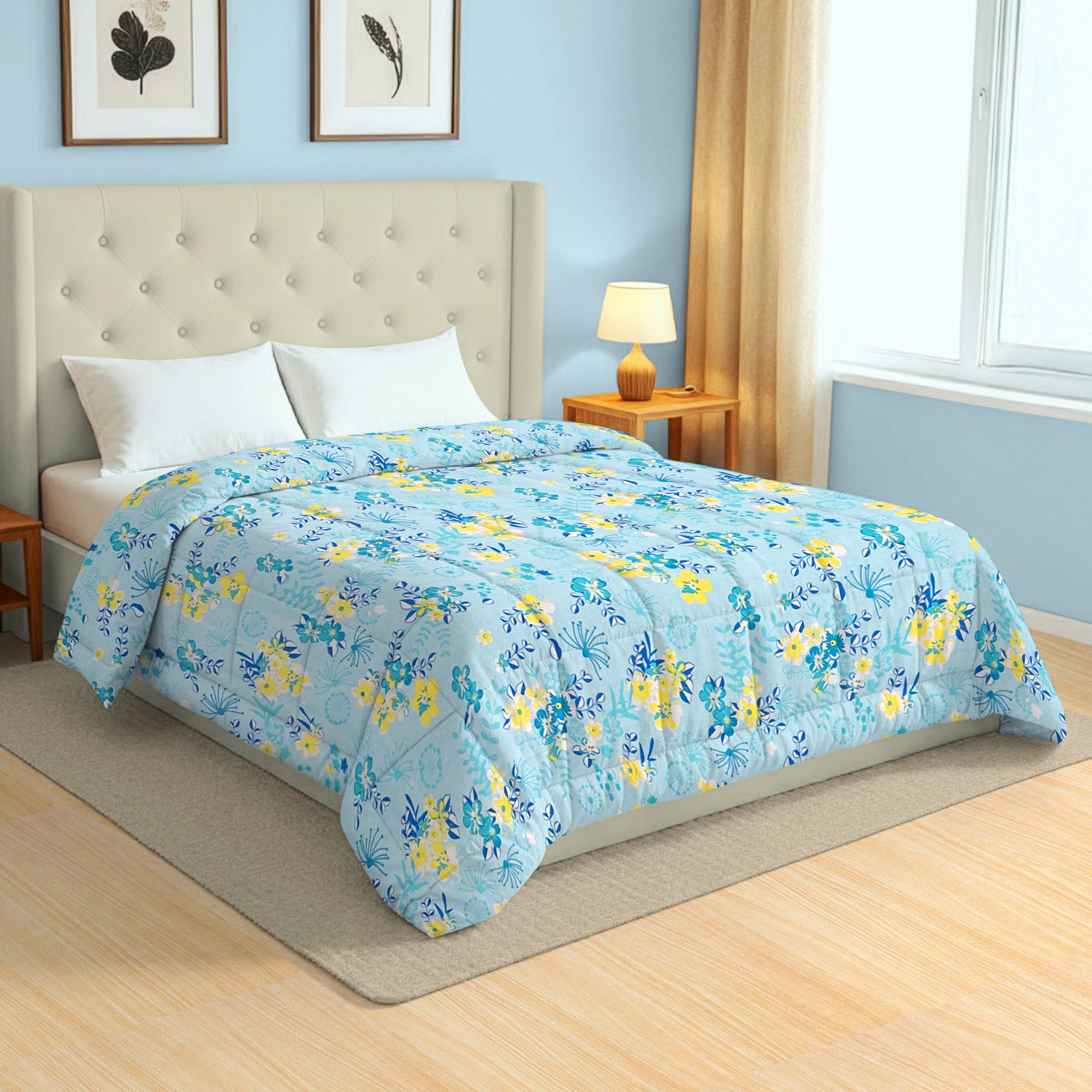 Soft Cotton Floral Blue Double AC Quilt