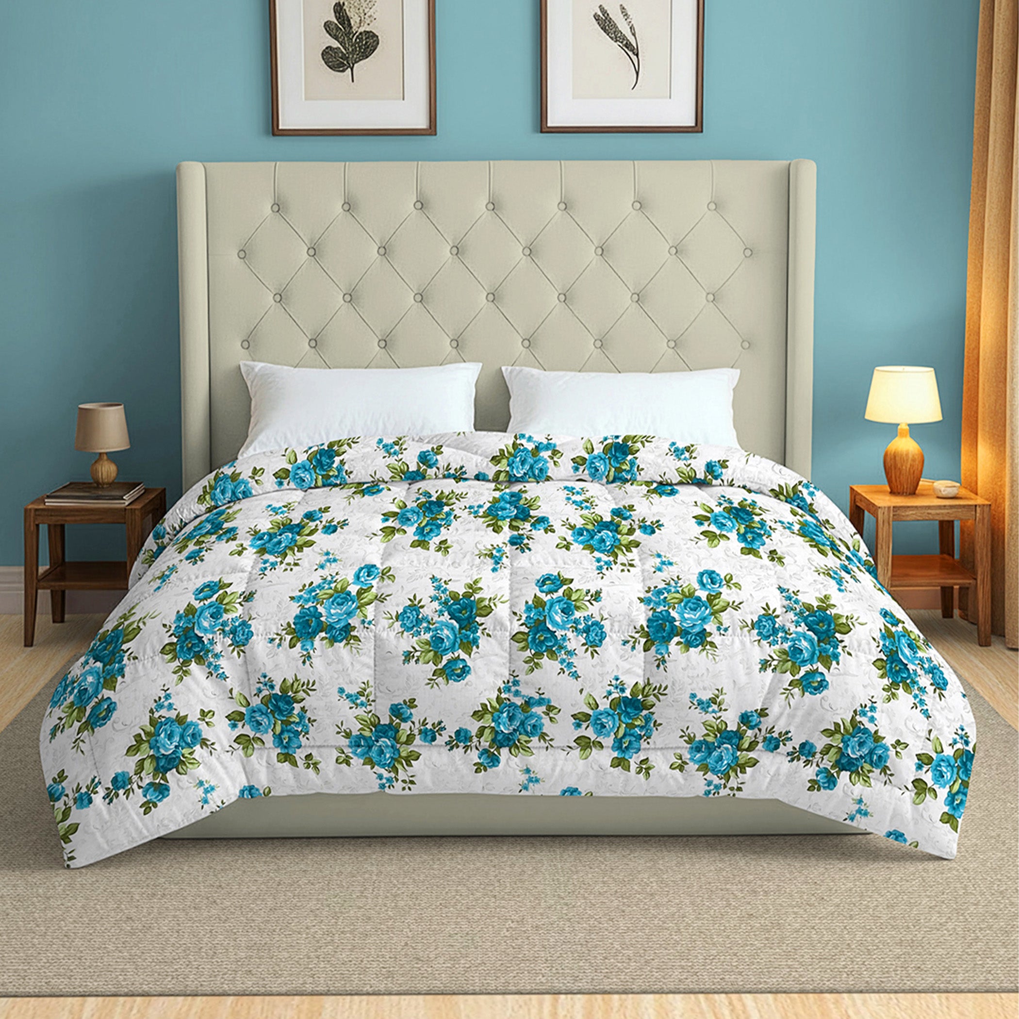 Soft Cotton Floral Blue Double AC Quilt