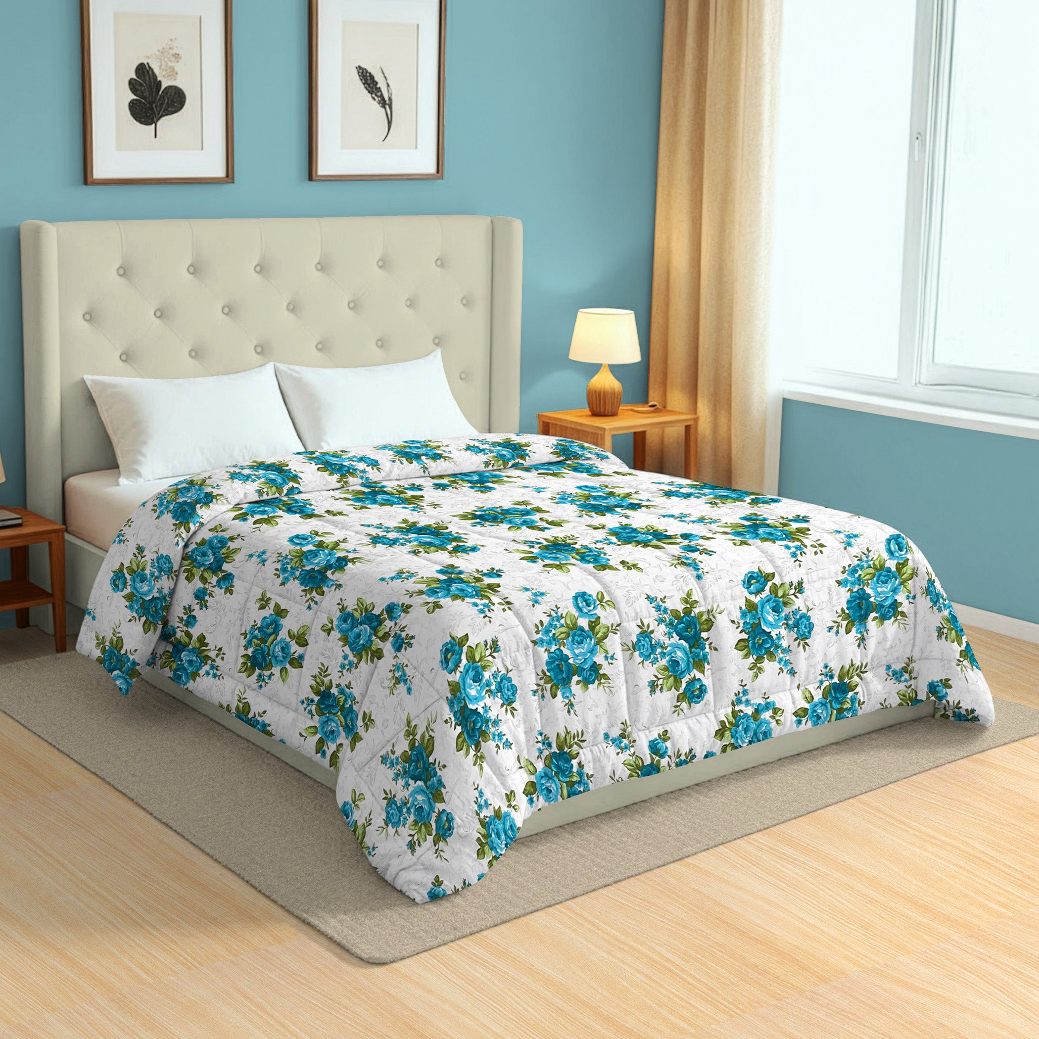 Soft Cotton Floral Blue Double AC Quilt