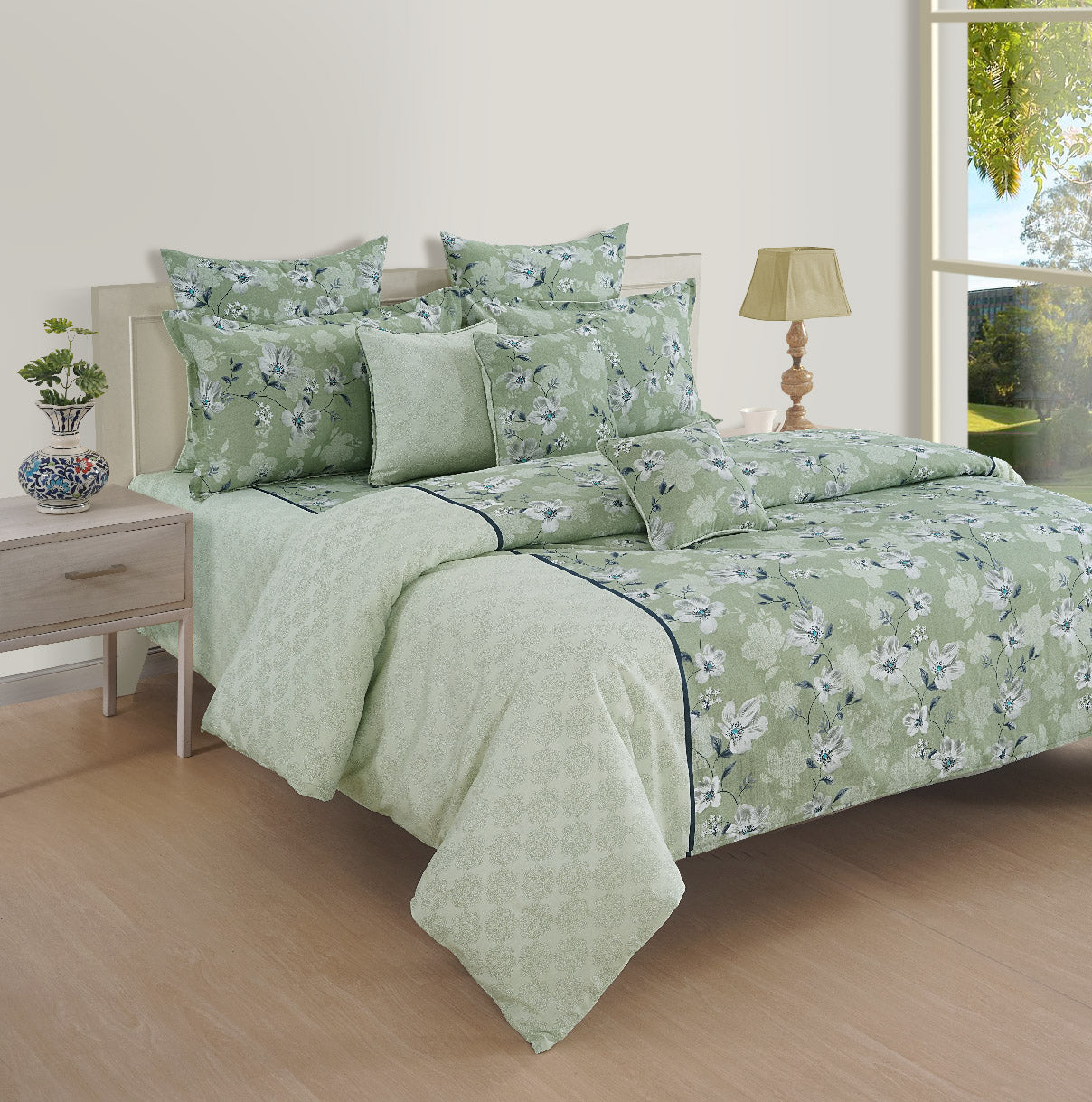 Double Bed in a Bag Pure Cotton Green Floral Premium Bedding Set