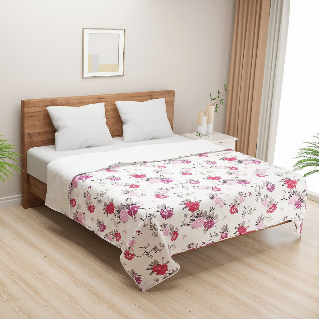 Floral Print Cotton Dohar for AC Rooms - White & Pink