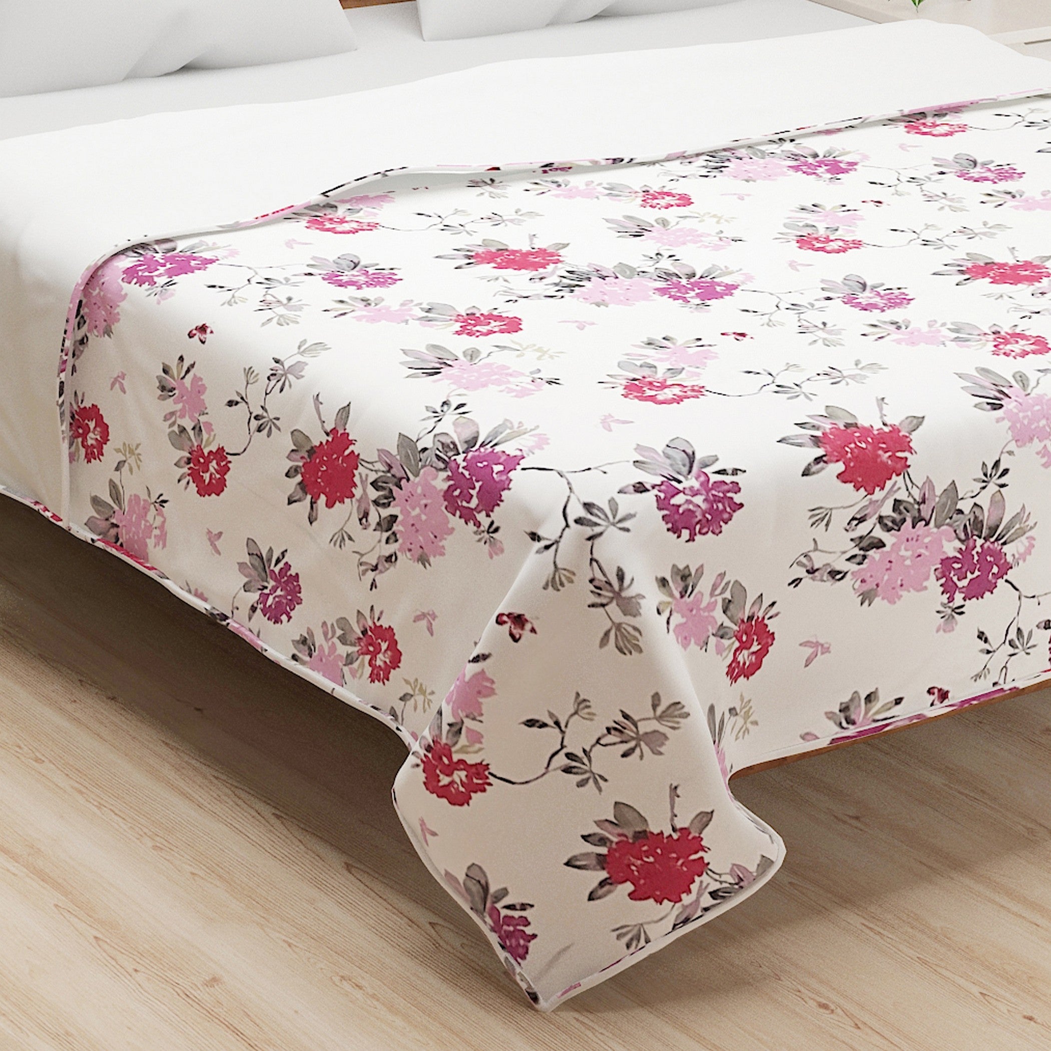 Floral Print Cotton Dohar for AC Rooms - White & Pink