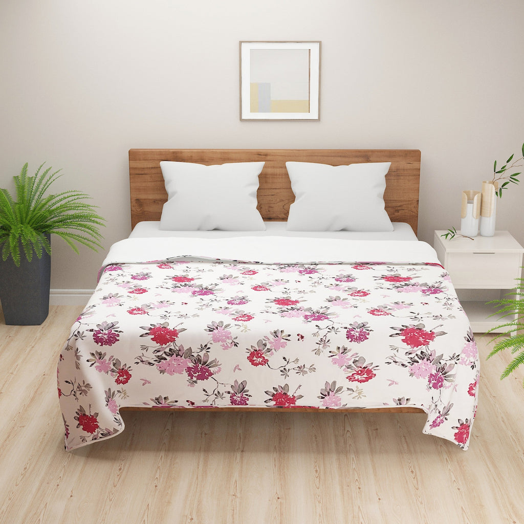 Floral Print Cotton Dohar for AC Rooms - White & Pink