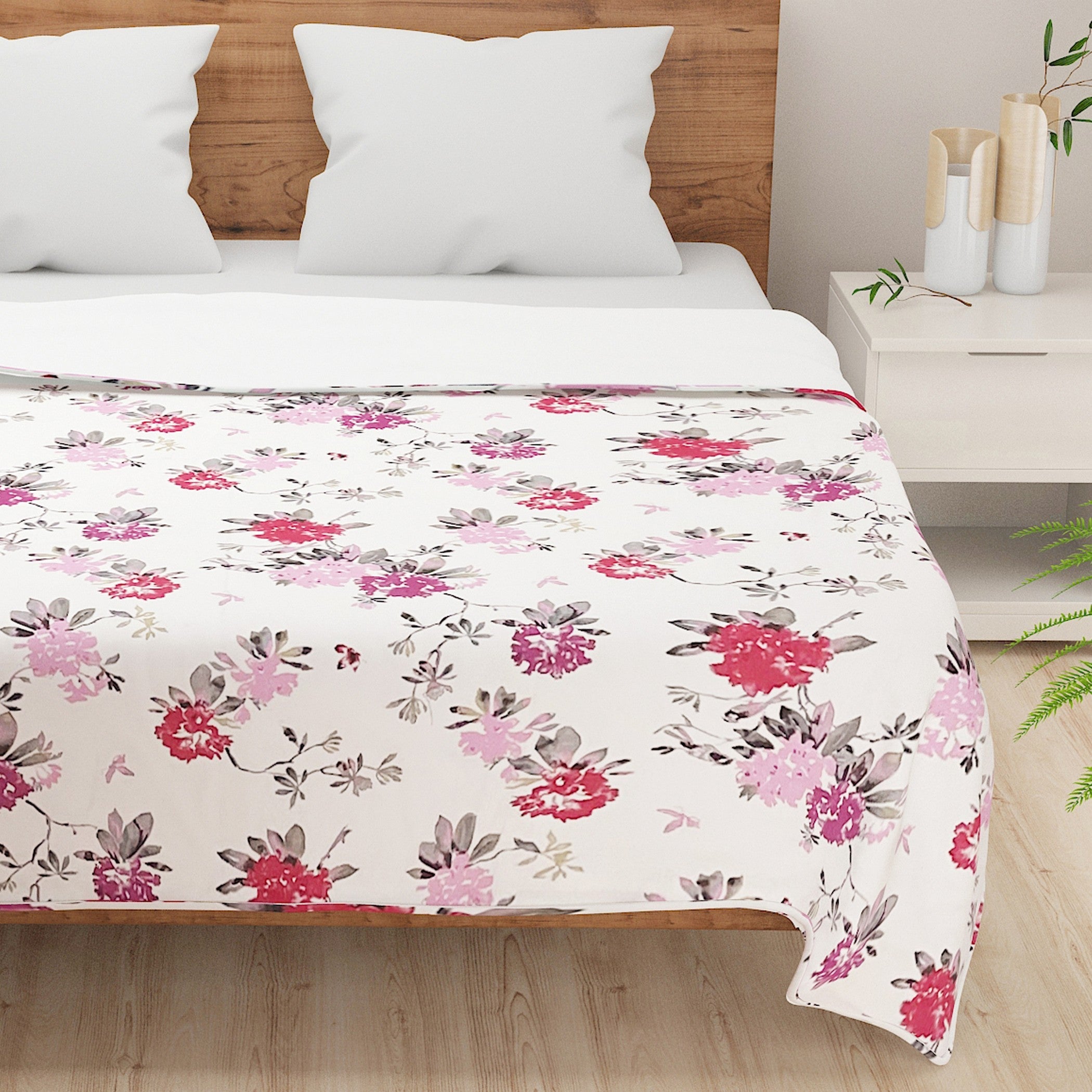 Floral Print Cotton Dohar for AC Rooms - White & Pink