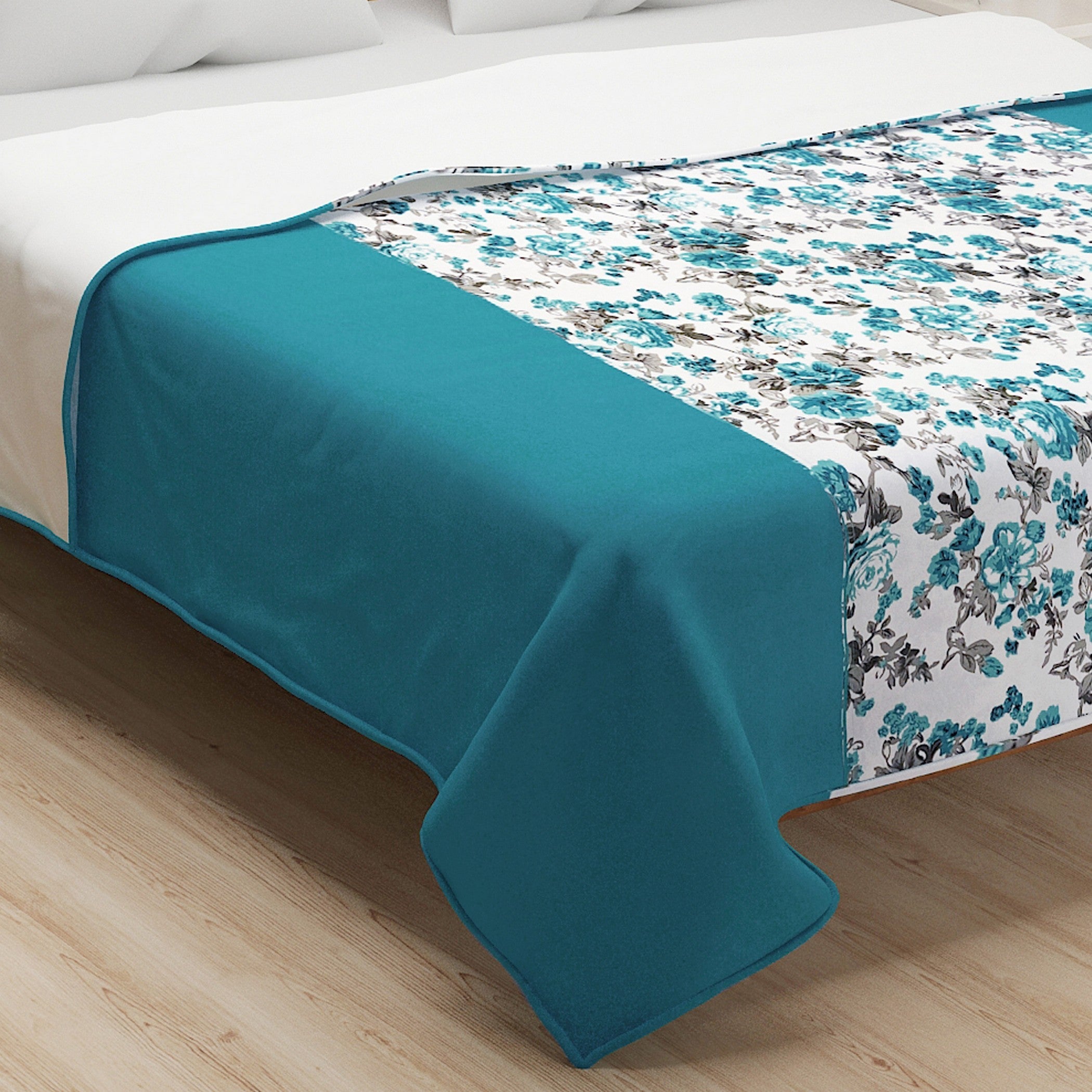 Floral Print Cotton Dohar for AC Rooms - Teal & White