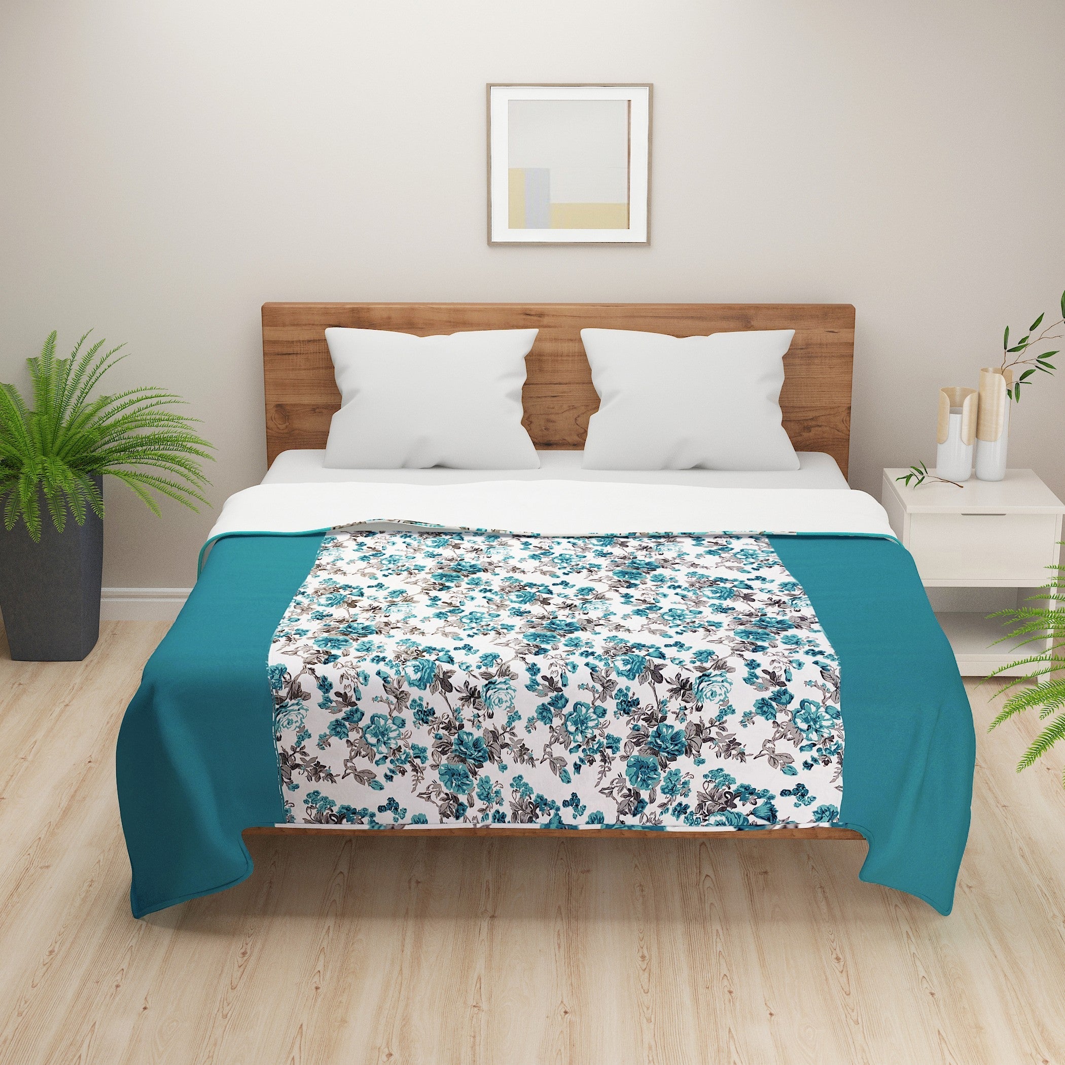 Floral Print Cotton Dohar for AC Rooms - Teal & White