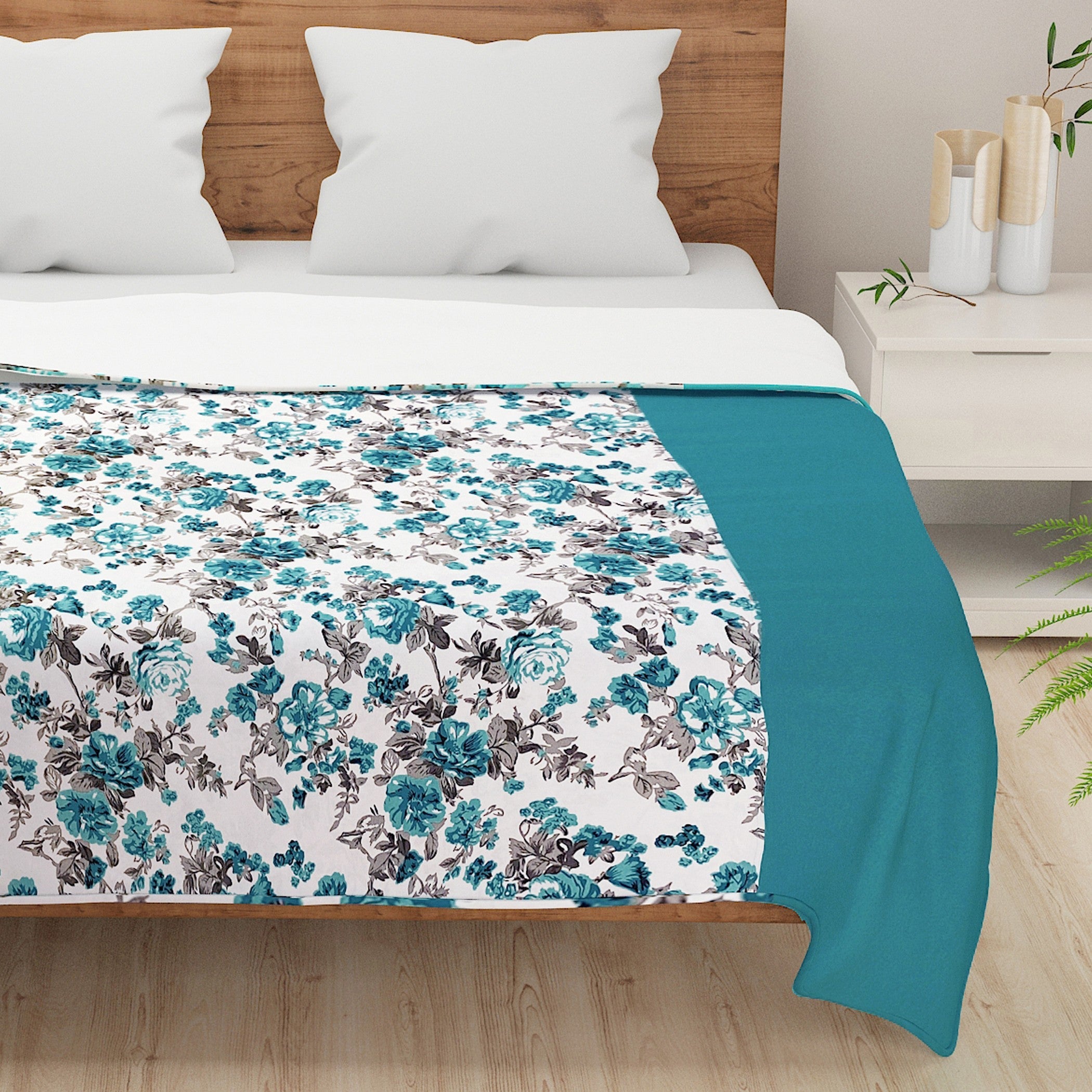 Floral Print Cotton Dohar for AC Rooms - Teal & White