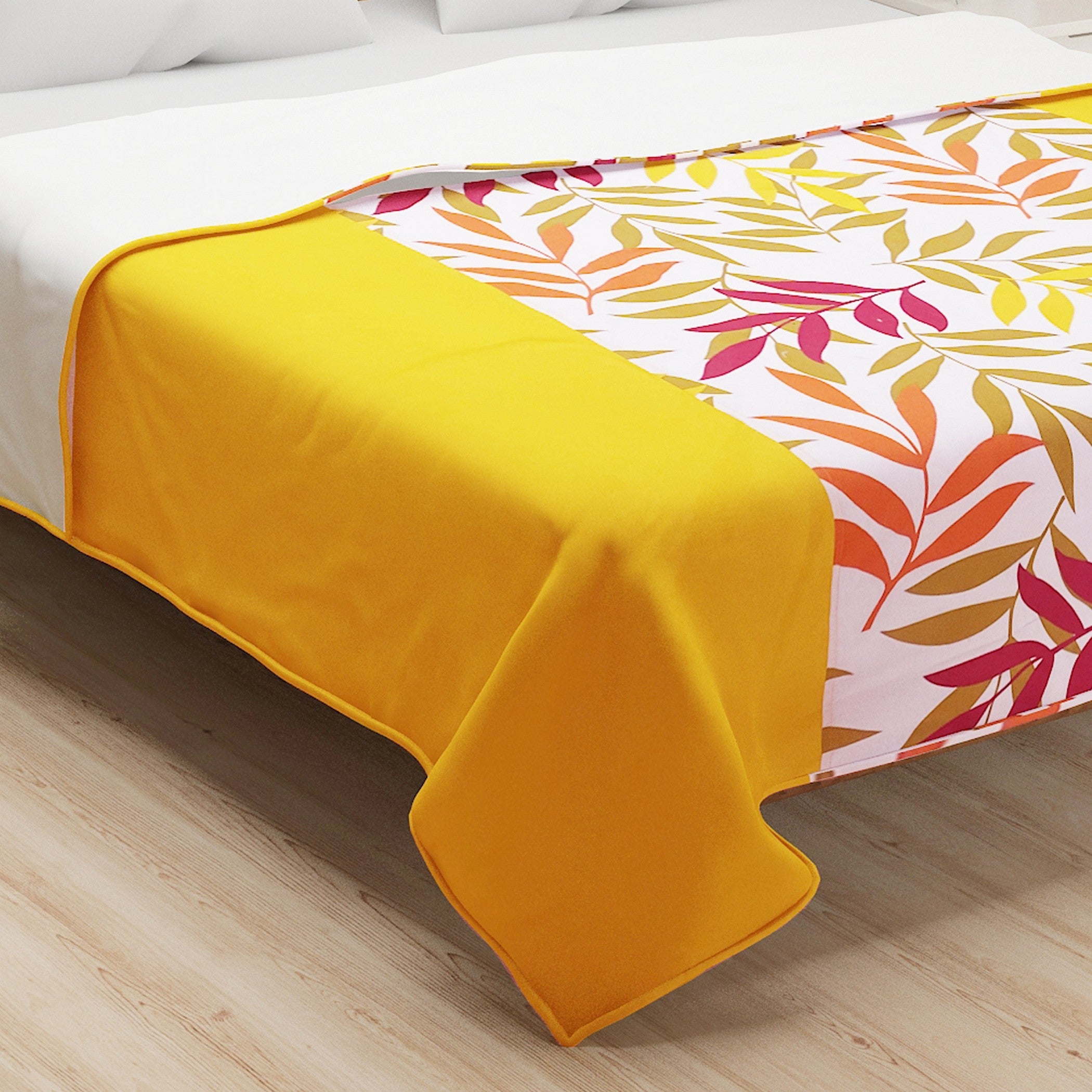 Leaf Print Cotton Dohar for AC Rooms - Yellow & Multicolour