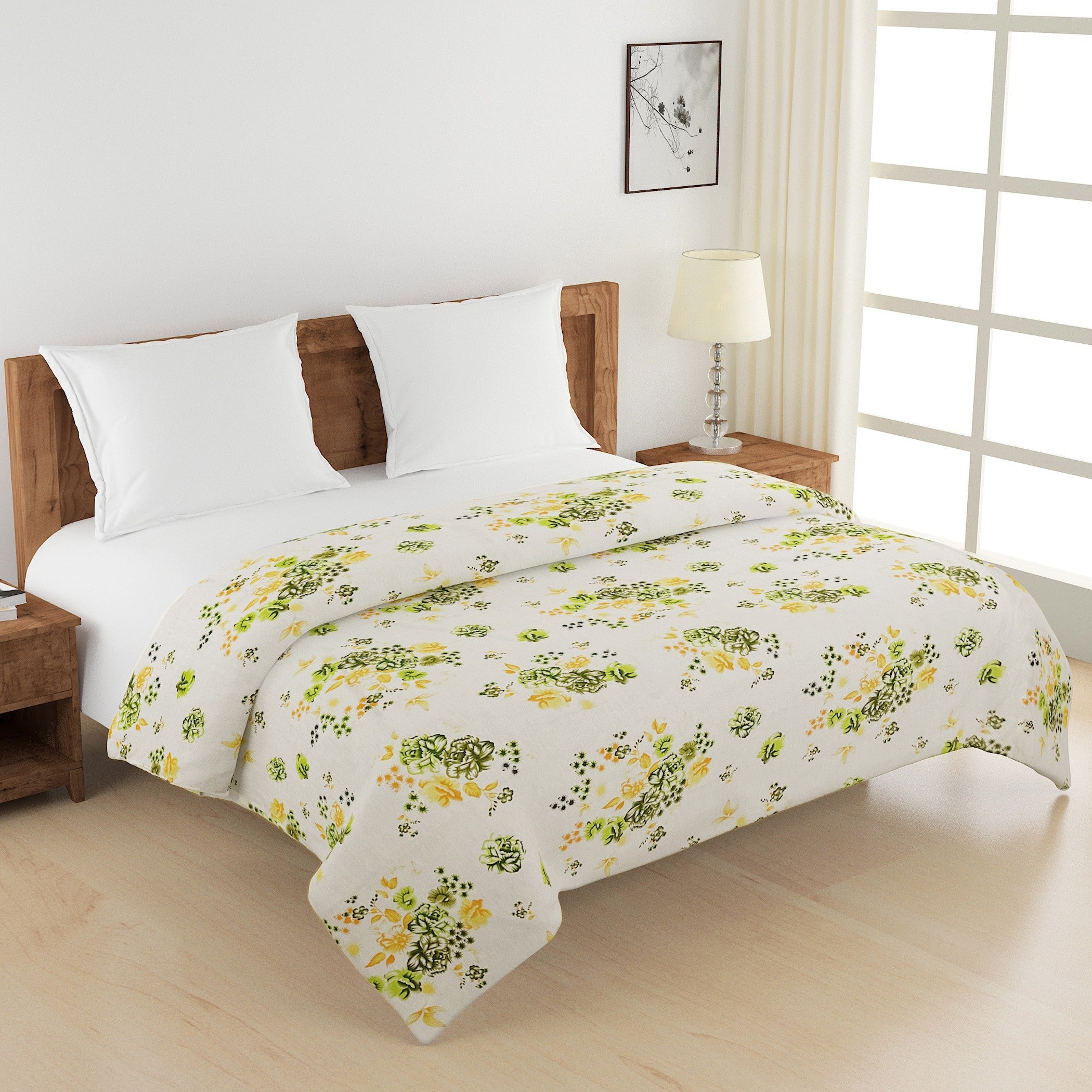 Floral Print Cotton Comforter for AC Rooms - White, Green & Yellow