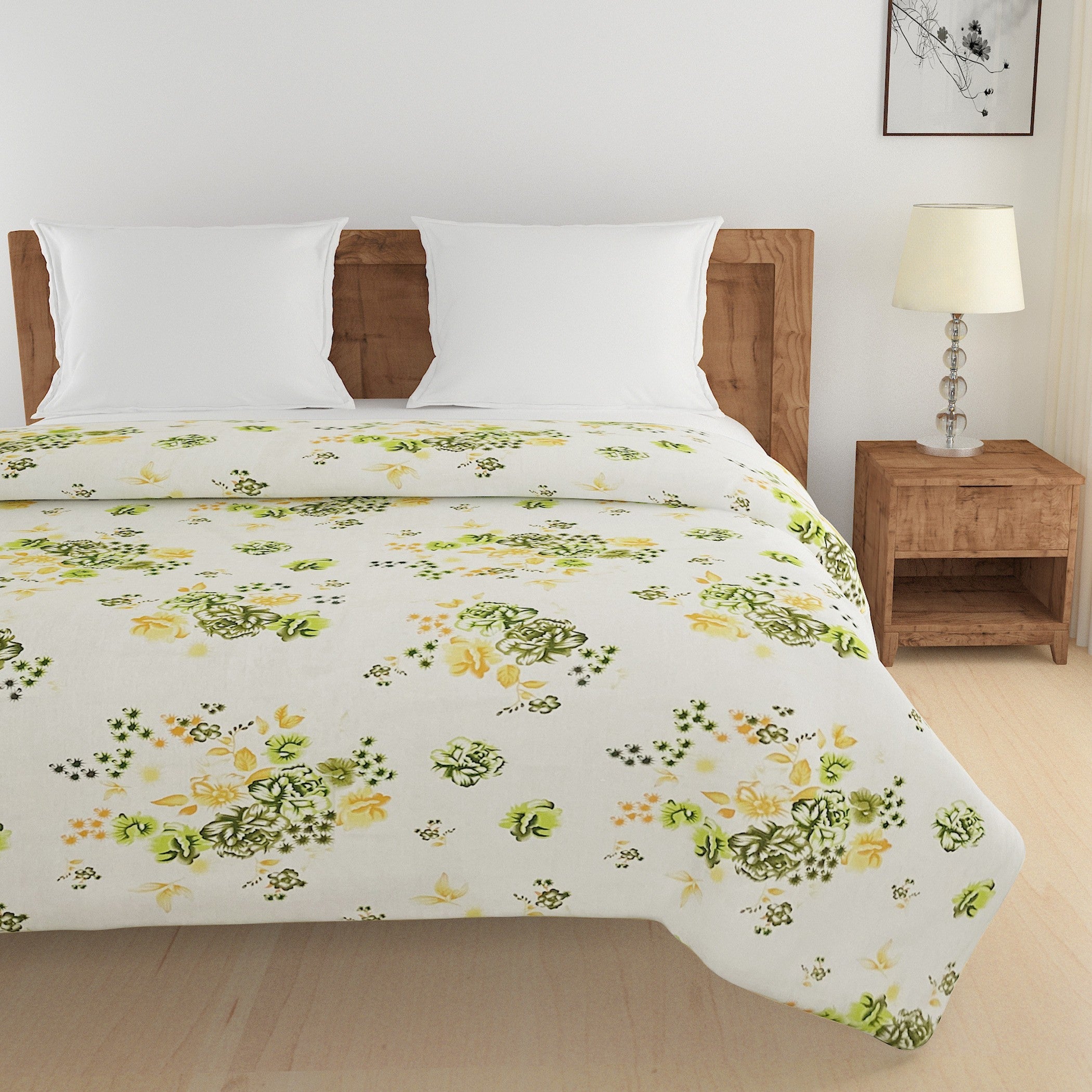 Floral Print Cotton Comforter for AC Rooms - White, Green & Yellow