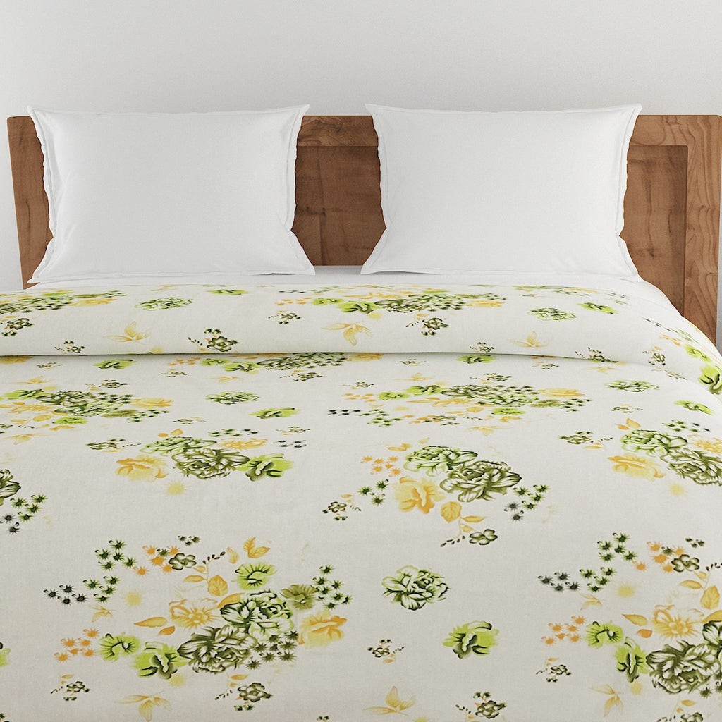 Floral Print Cotton Comforter for AC Rooms - White, Green & Yellow