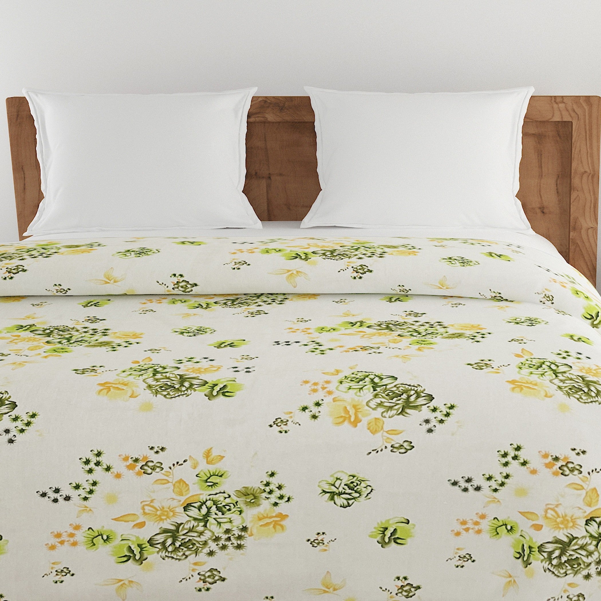 Floral Print Cotton Comforter for AC Rooms - White, Green & Yellow