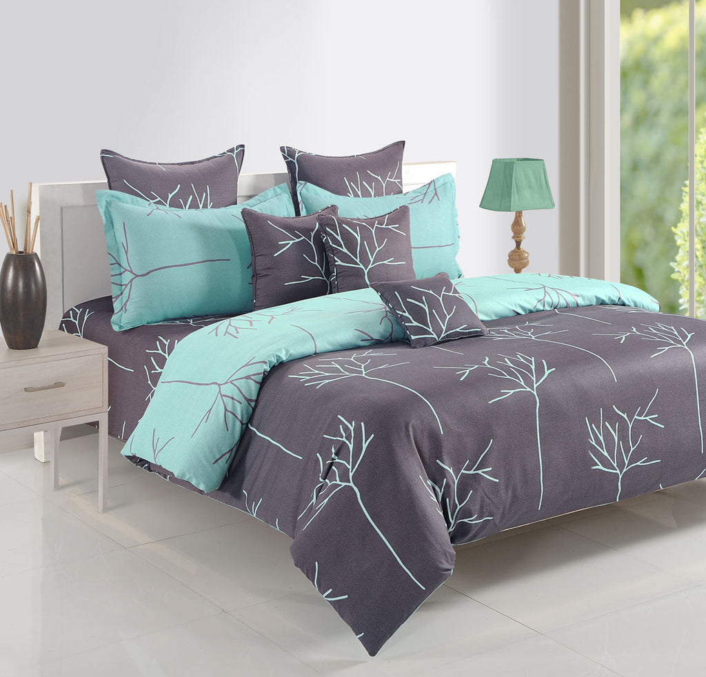 Modern Leaf Print Cotton Double Bedsheet with Comforter & 2 Pillow Covers - Grey & Teal