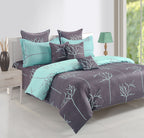 Modern Leaf Print Cotton Double Bedsheet with Comforter & 2 Pillow Covers - Grey & Teal