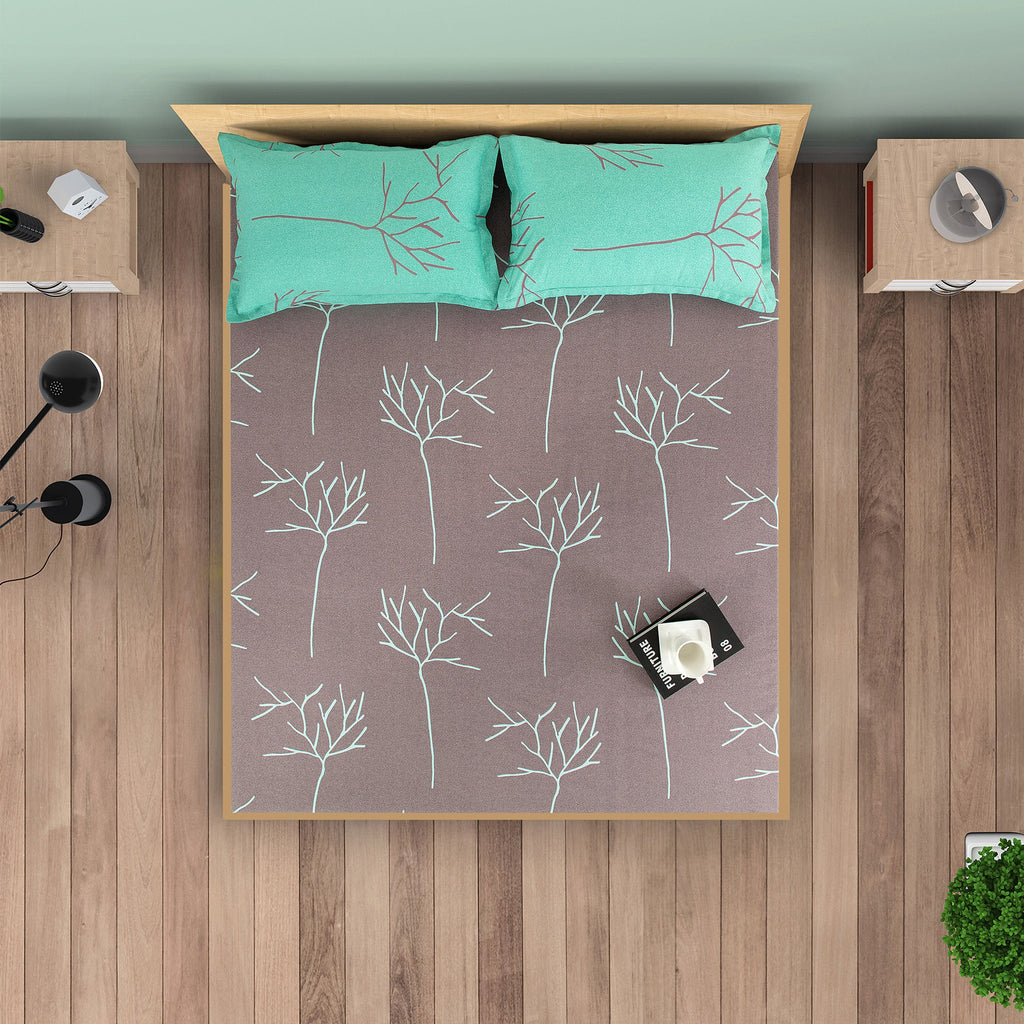 Modern Leaf Print Cotton Double Bedsheet with Comforter & 2 Pillow Covers - Grey & Teal