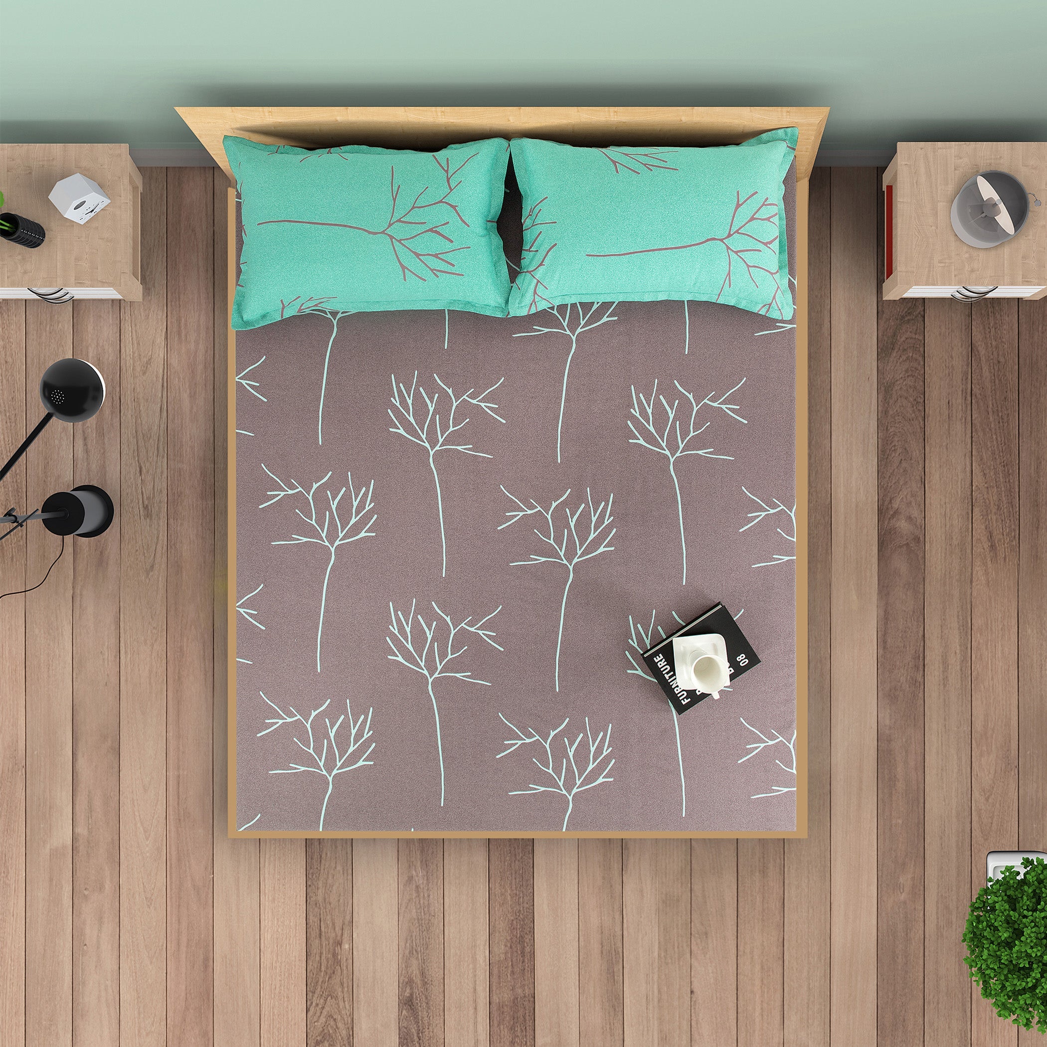 Modern Leaf Print Cotton Double Bedsheet with Comforter & 2 Pillow Covers - Grey & Teal