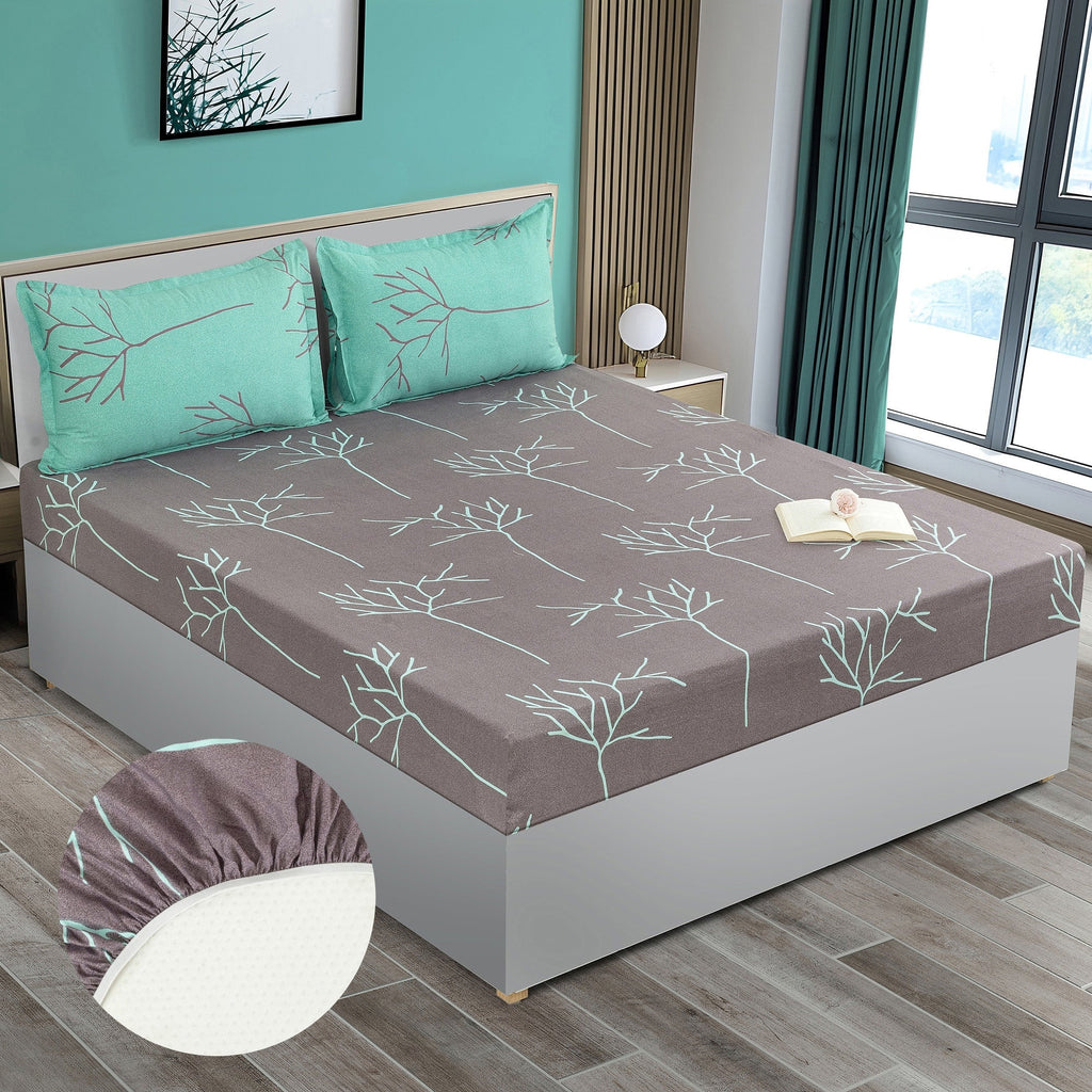 Modern Leaf Print Cotton Double Bedsheet with Comforter & 2 Pillow Covers - Grey & Teal