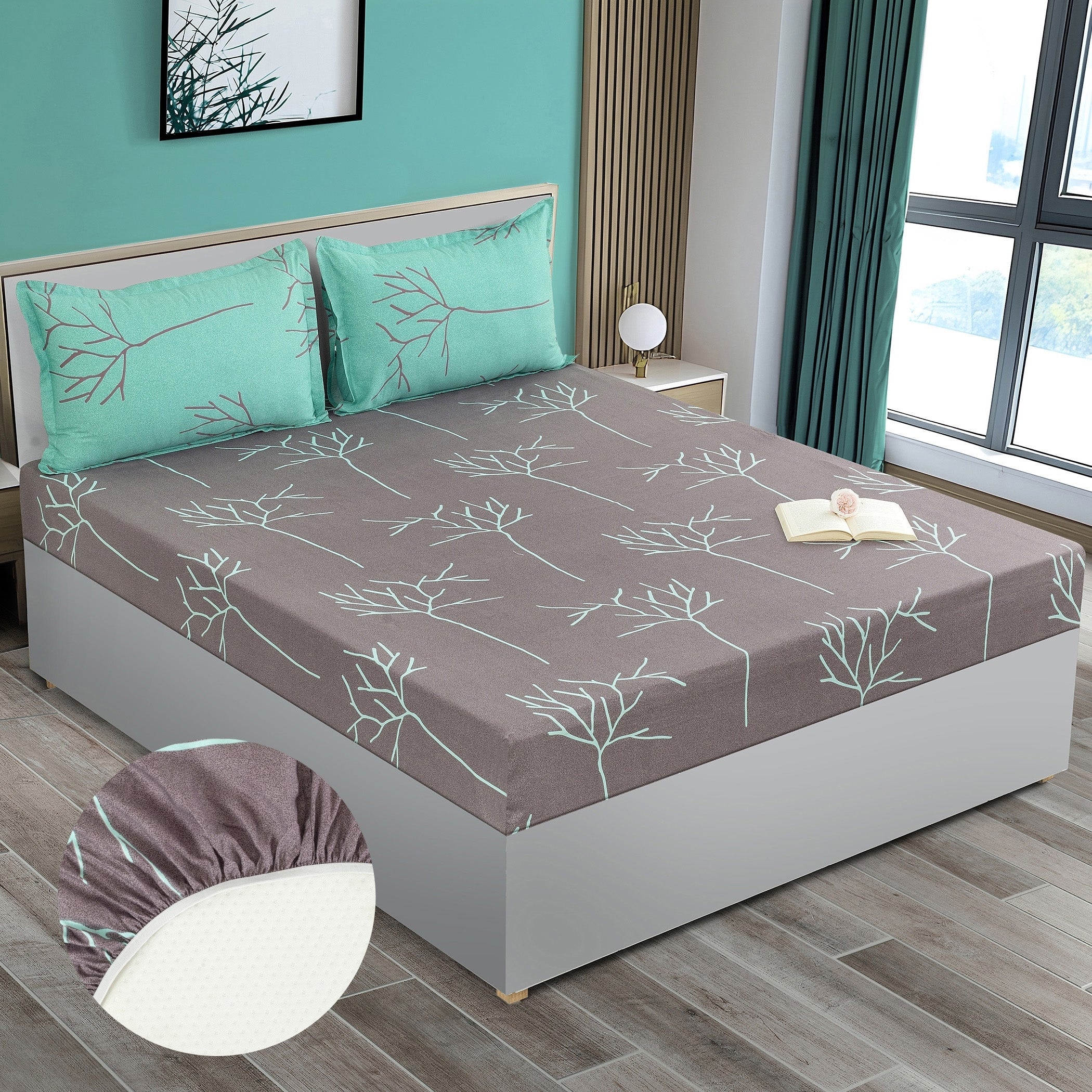 Modern Leaf Print Cotton Double Bedsheet with Comforter & 2 Pillow Covers - Grey & Teal