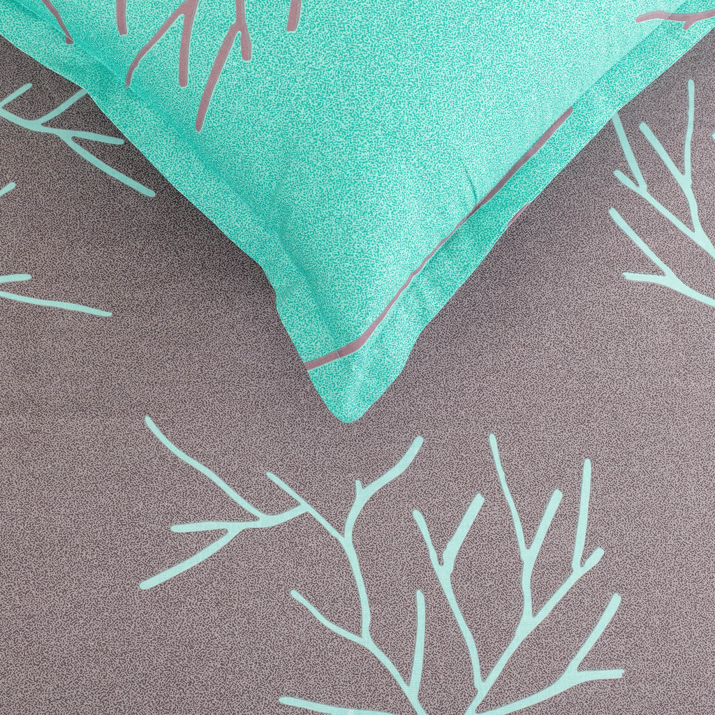 Modern Leaf Print Cotton Double Bedsheet with Comforter & 2 Pillow Covers - Grey & Teal