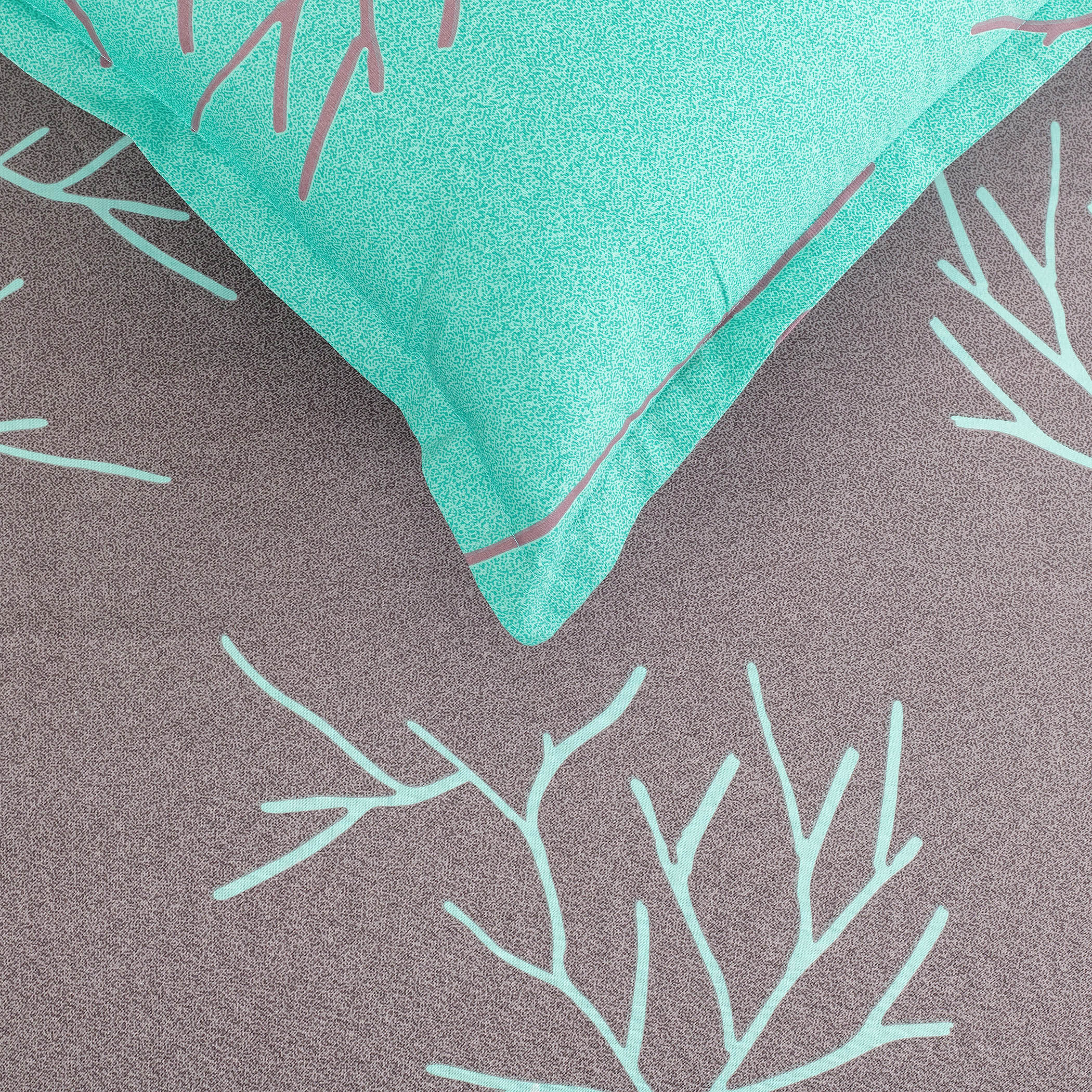 Modern Leaf Print Cotton Double Bedsheet with Comforter & 2 Pillow Covers - Grey & Teal
