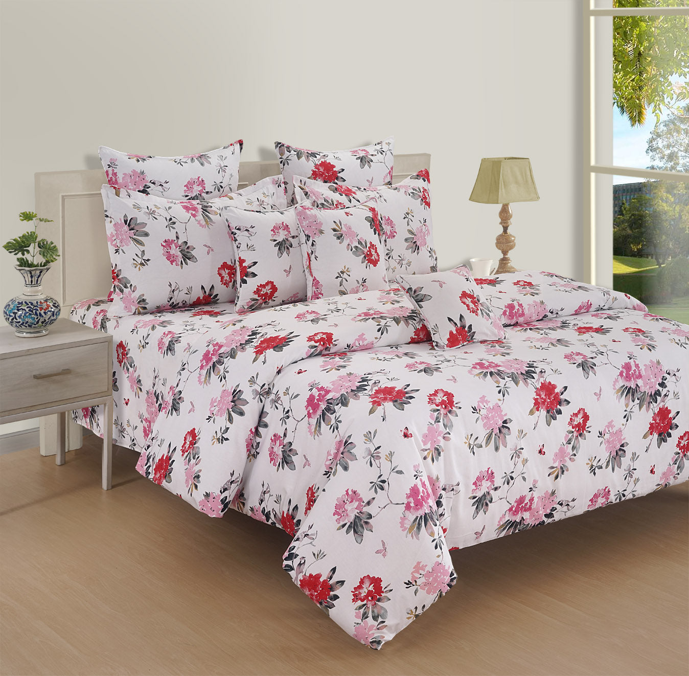 Red Pink Blossom Luxe Cotton Double Bed in a Bag – Premium Floral Bedding Set