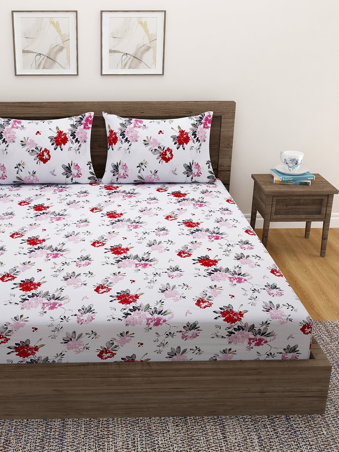 Red Pink Blossom Luxe Cotton Double Bed in a Bag – Premium Floral Bedding Set