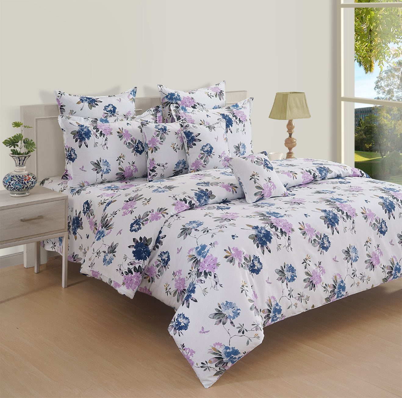 White & Blue Bloom Cotton Double Bed in a Bag – Premium Floral Bedding Set