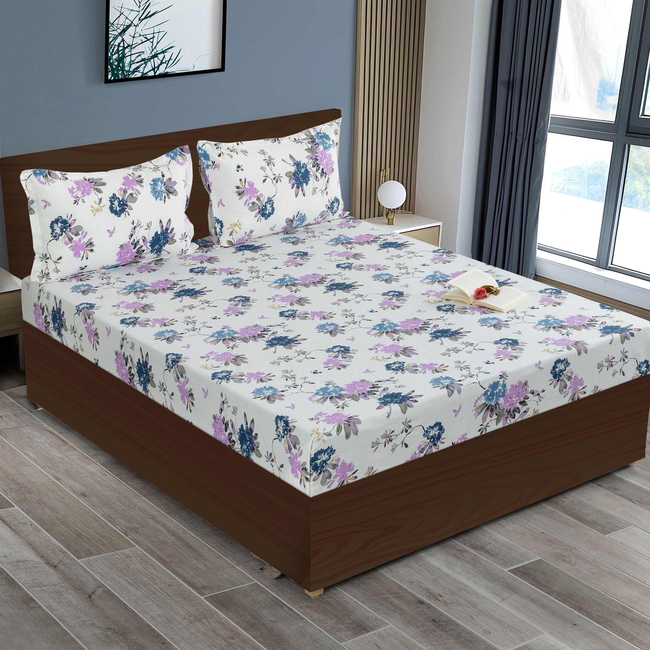 White & Blue Bloom Cotton Double Bed in a Bag – Premium Floral Bedding Set