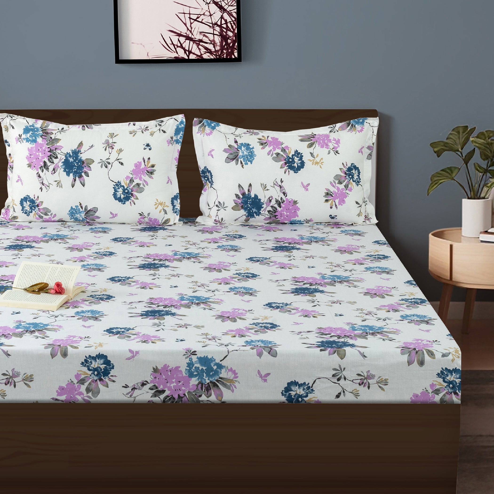 White & Blue Bloom Cotton Double Bed in a Bag – Premium Floral Bedding Set