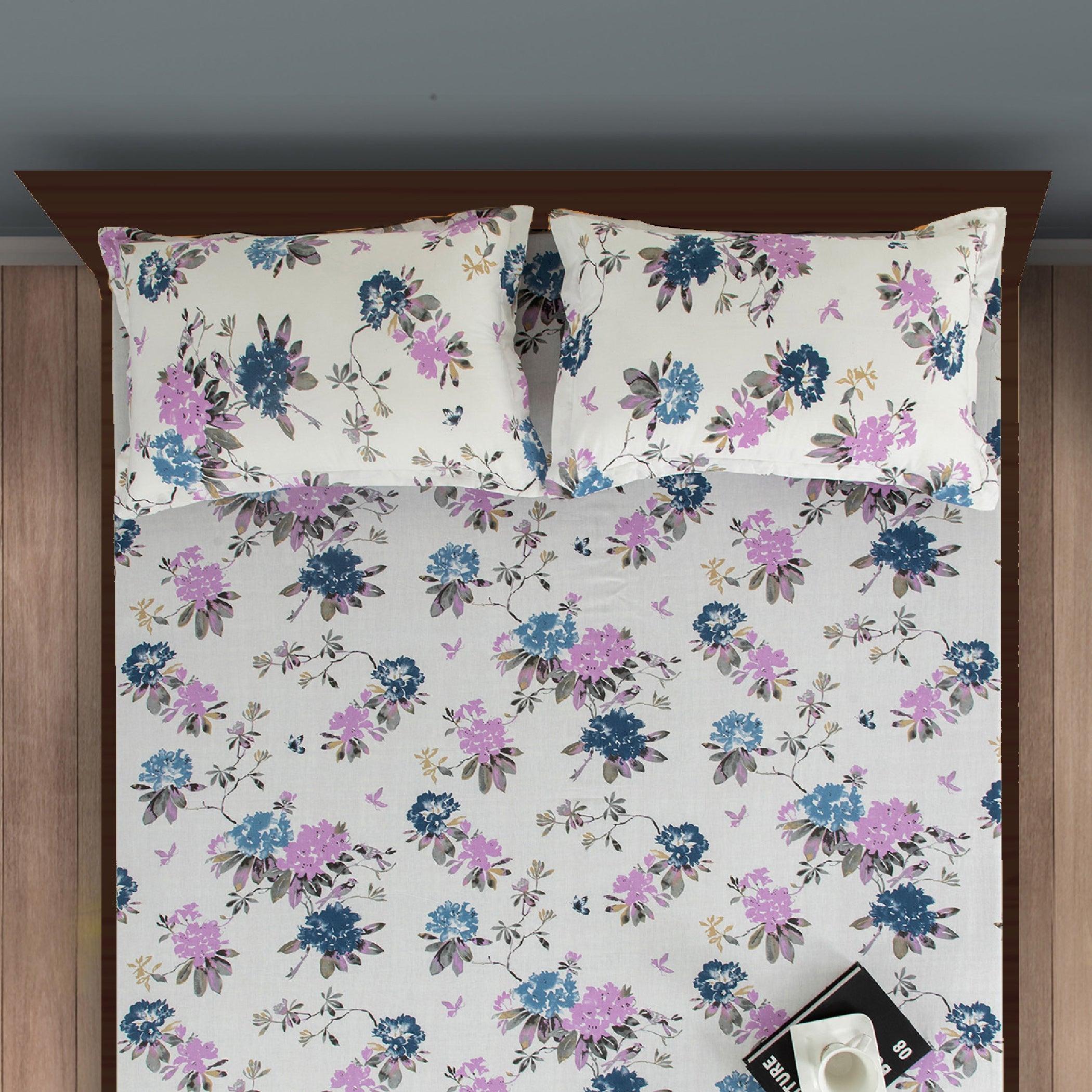 White & Blue Bloom Cotton Double Bed in a Bag – Premium Floral Bedding Set