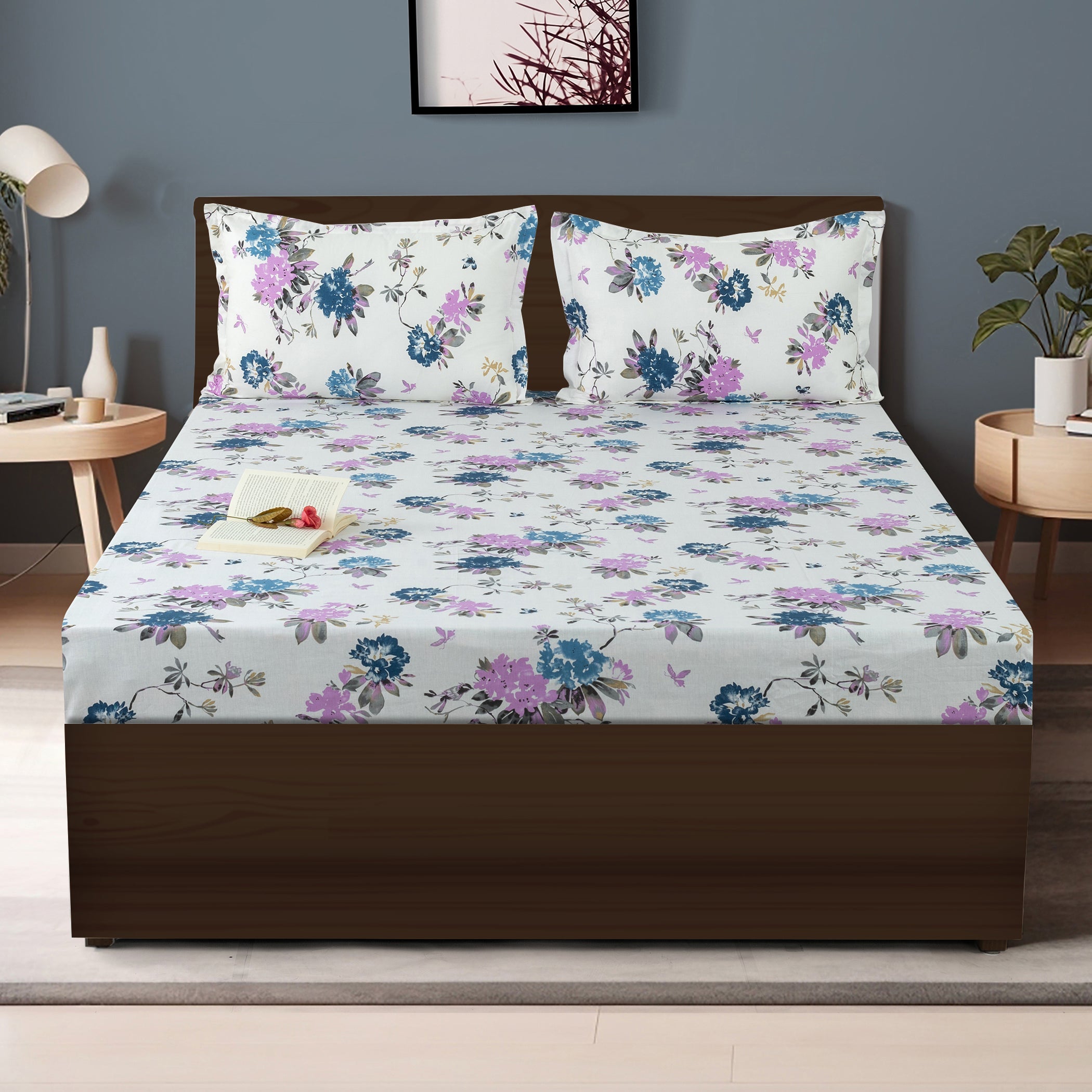 White & Blue Bloom Cotton Double Bed in a Bag – Premium Floral Bedding Set