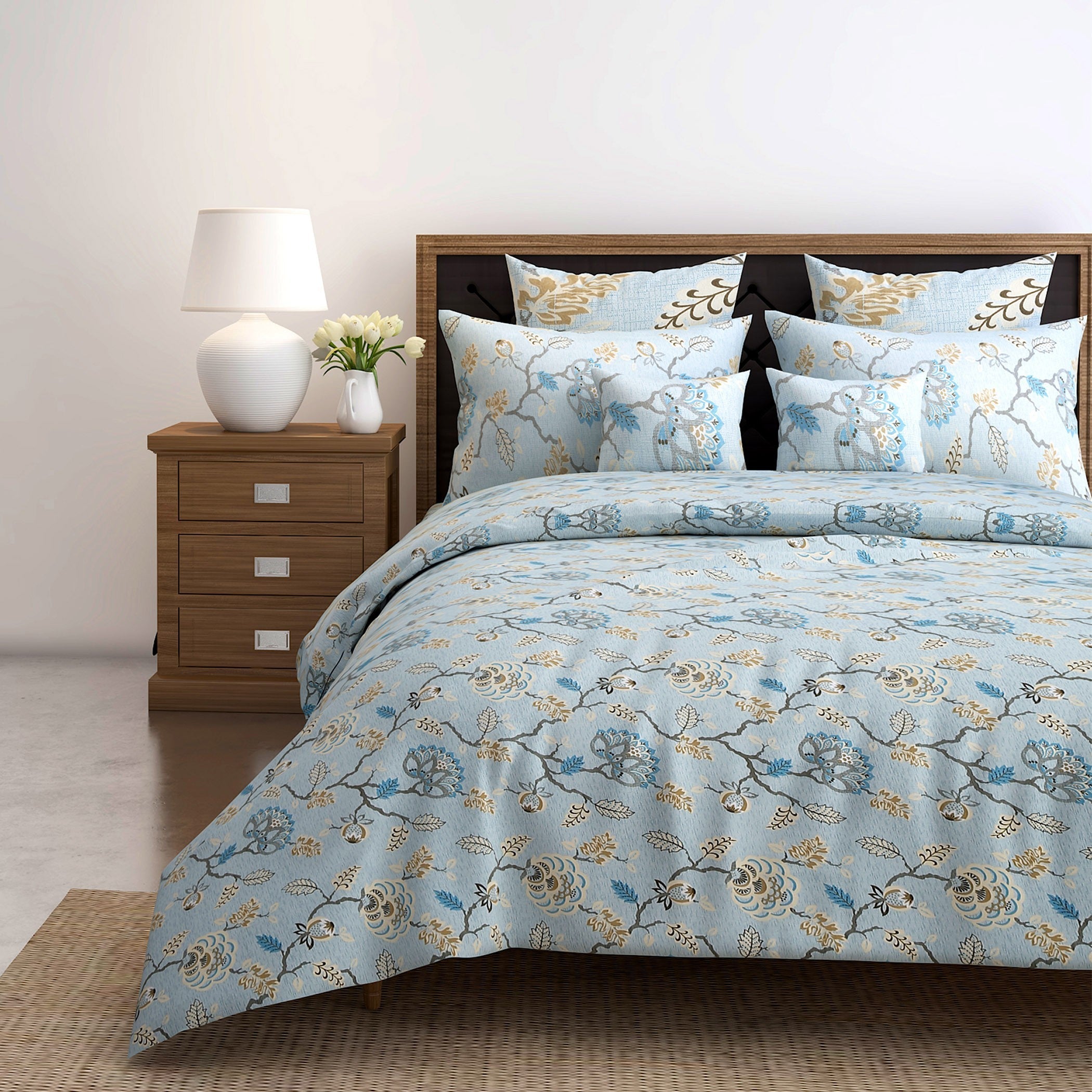 Sky Blue Vintage Floral Cotton Double Bed in a Bag – Premium Luxury Bedding Set