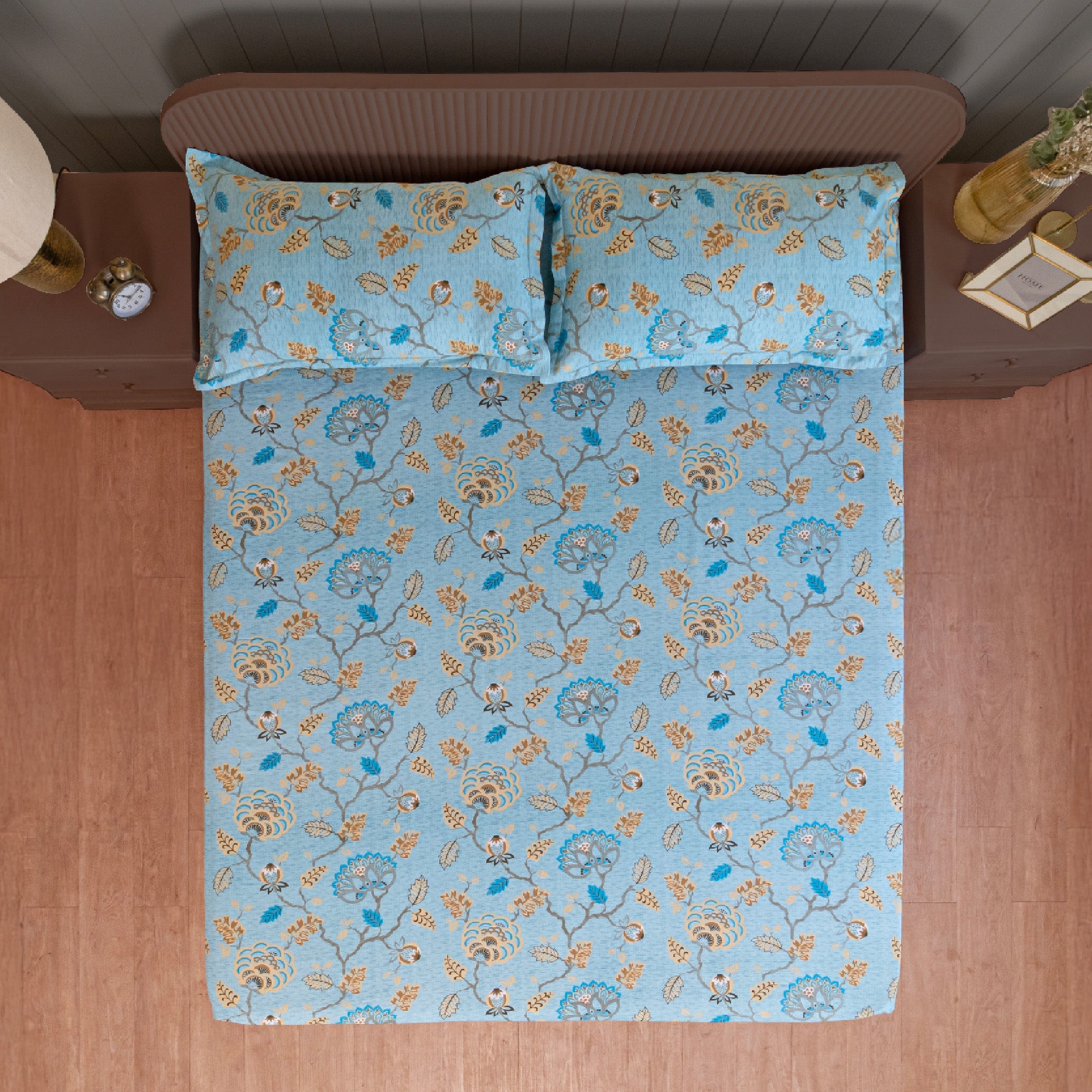 Sky Blue Vintage Floral Cotton Double Bed in a Bag – Premium Luxury Bedding Set