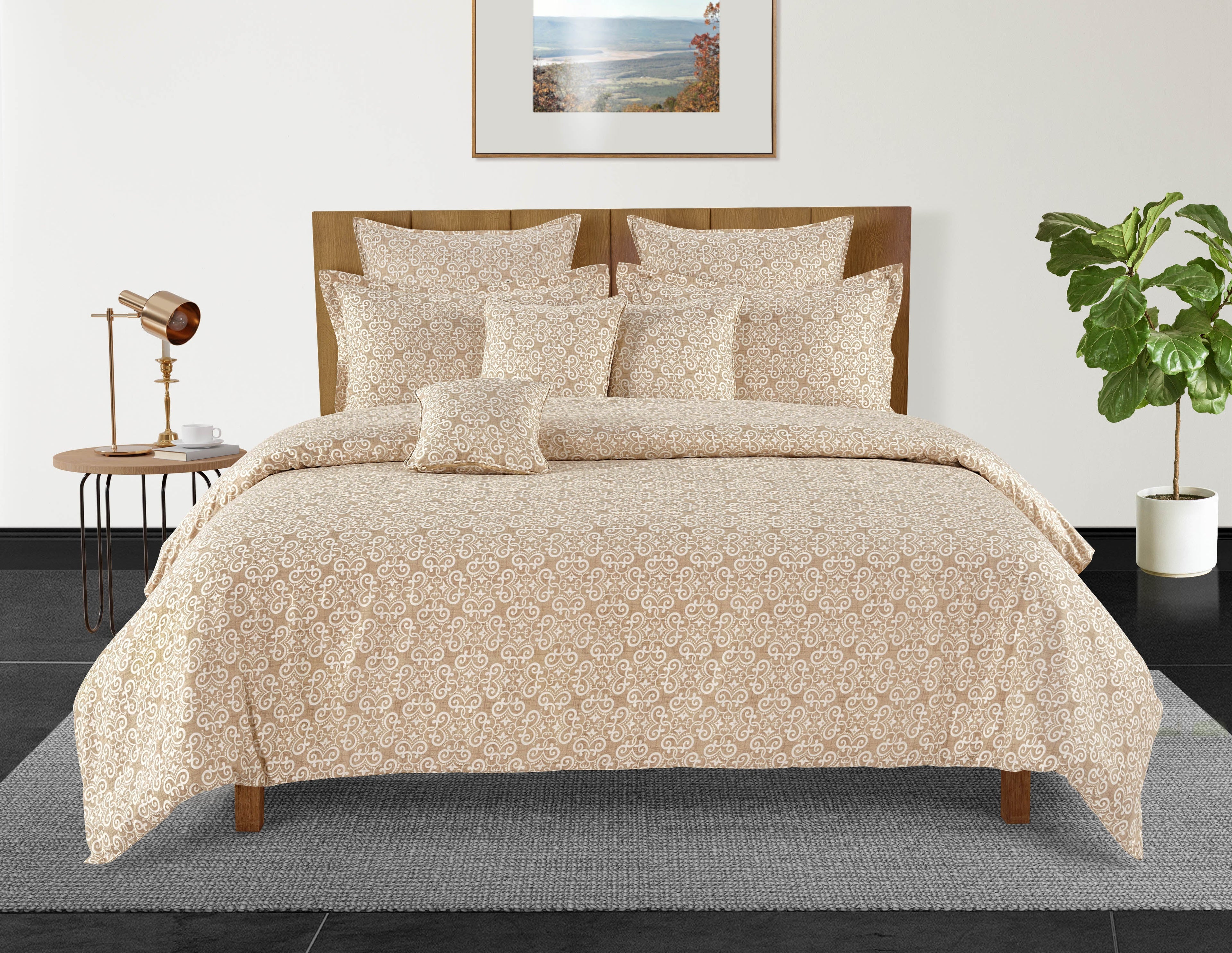 Premium Beige Swirl Motif Cotton Double Bed in a Bag – Modern Luxury Bedding Set