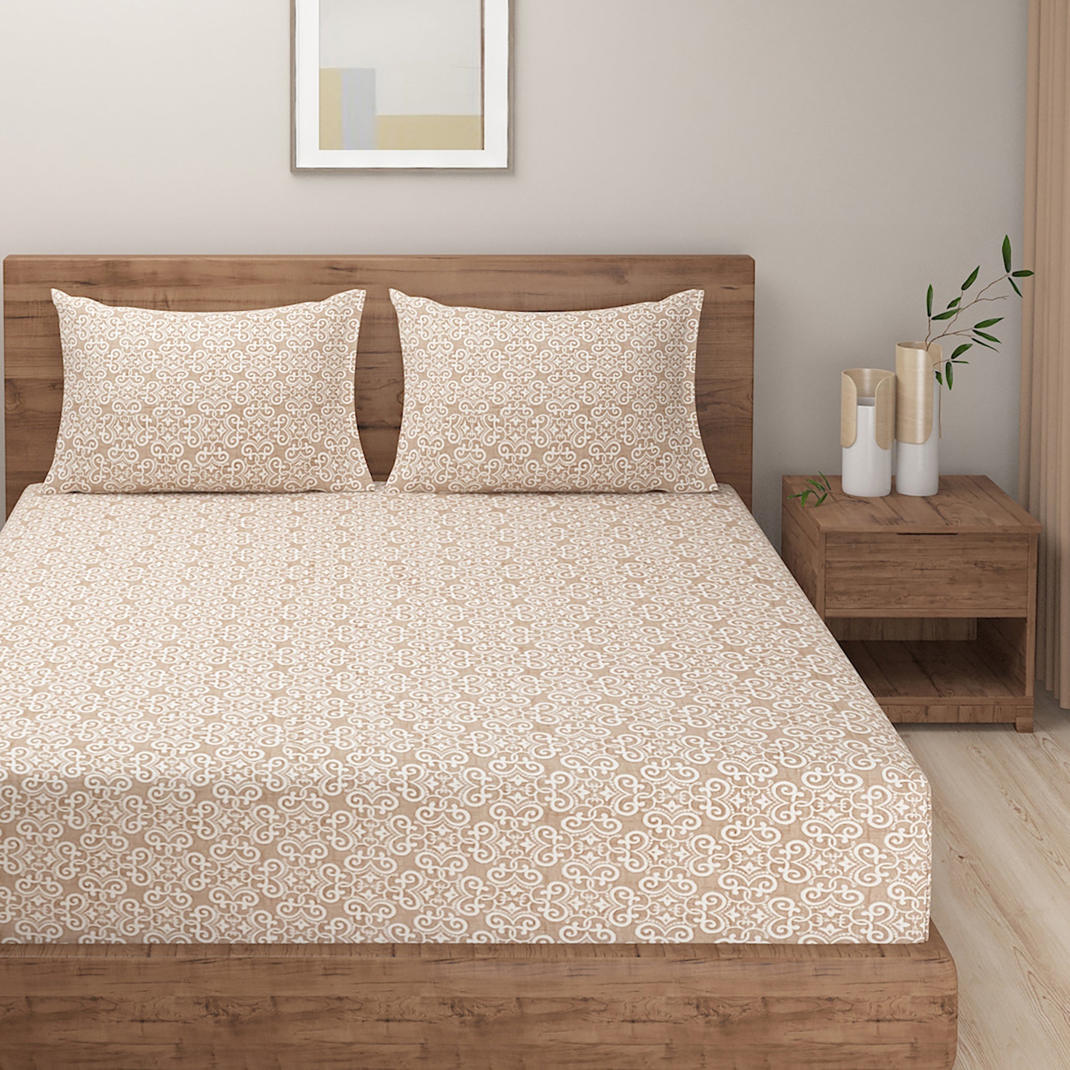 Premium Beige Swirl Motif Cotton Double Bed in a Bag – Modern Luxury Bedding Set