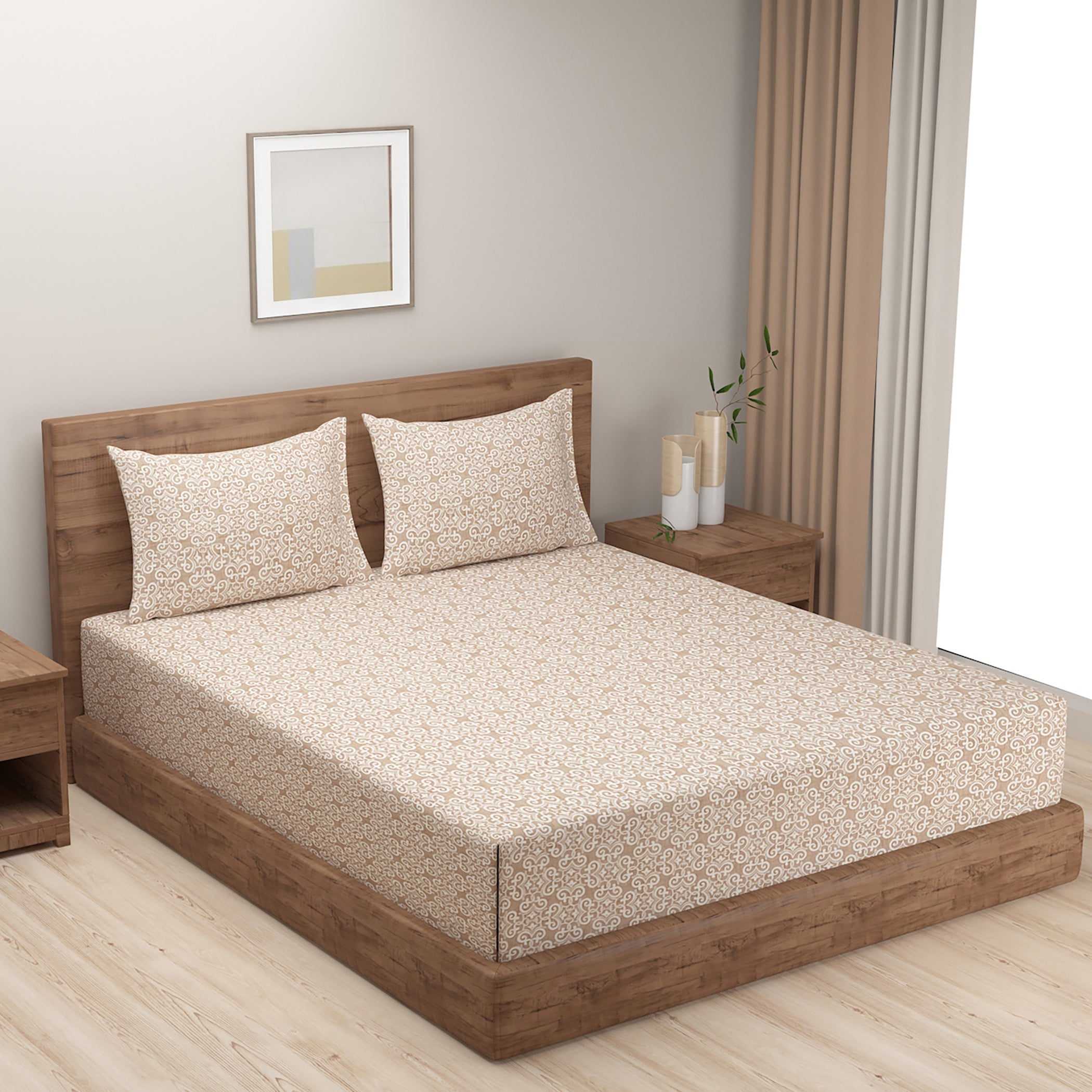 Premium Beige Swirl Motif Cotton Double Bed in a Bag – Modern Luxury Bedding Set