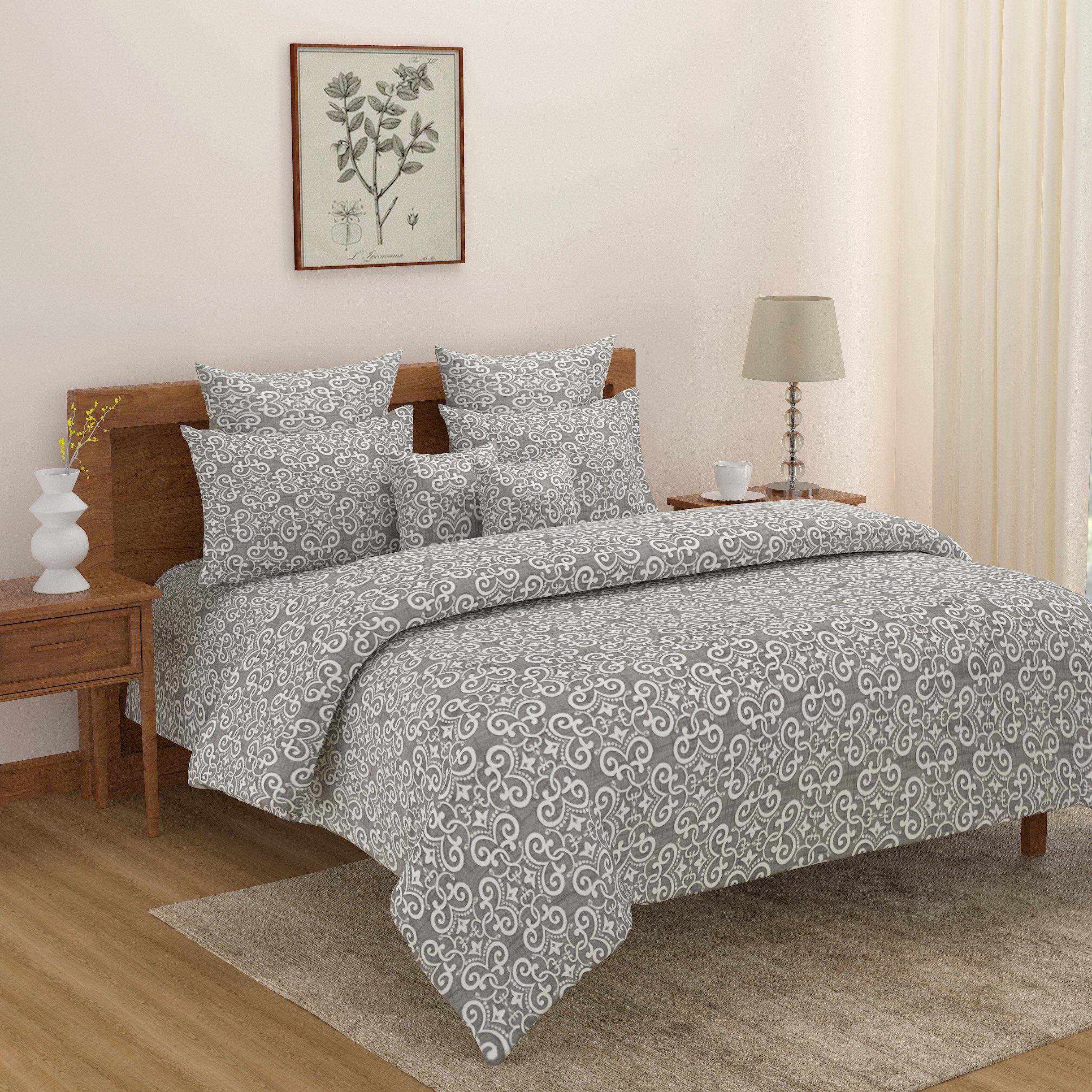Elegant Grey Swirl Motif Mercerized Cotton Double Bed in a Bag – Premium Luxury Bedding Set