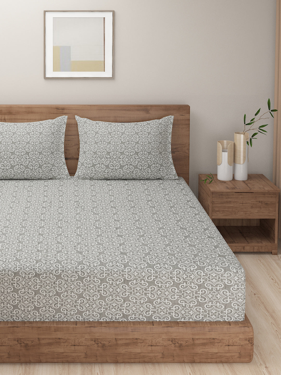 Elegant Grey Swirl Motif Mercerized Cotton Double Bed in a Bag – Premium Luxury Bedding Set