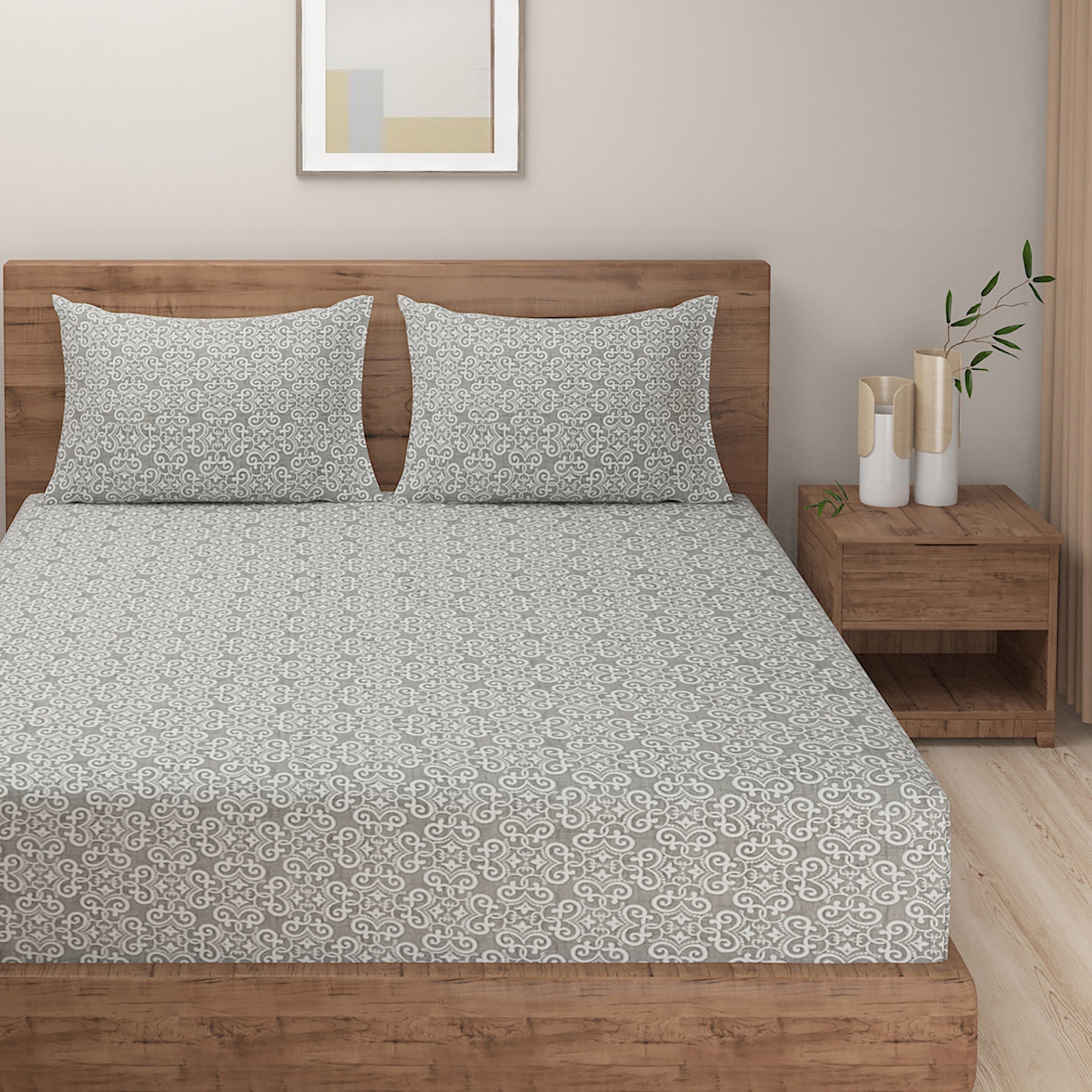 Elegant Grey Swirl Motif Mercerized Cotton Double Bed in a Bag – Premium Luxury Bedding Set