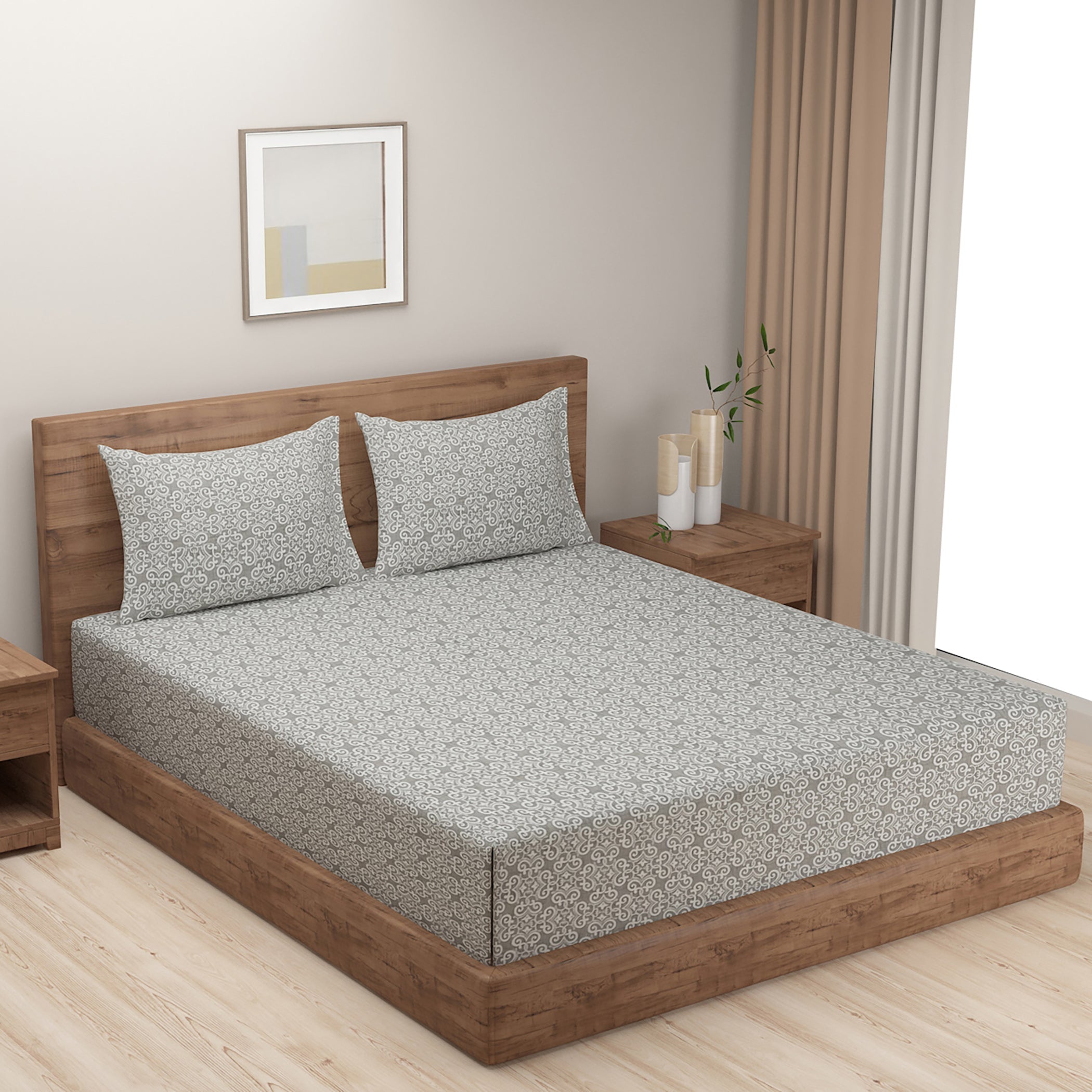 Elegant Grey Swirl Motif Mercerized Cotton Double Bed in a Bag – Premium Luxury Bedding Set