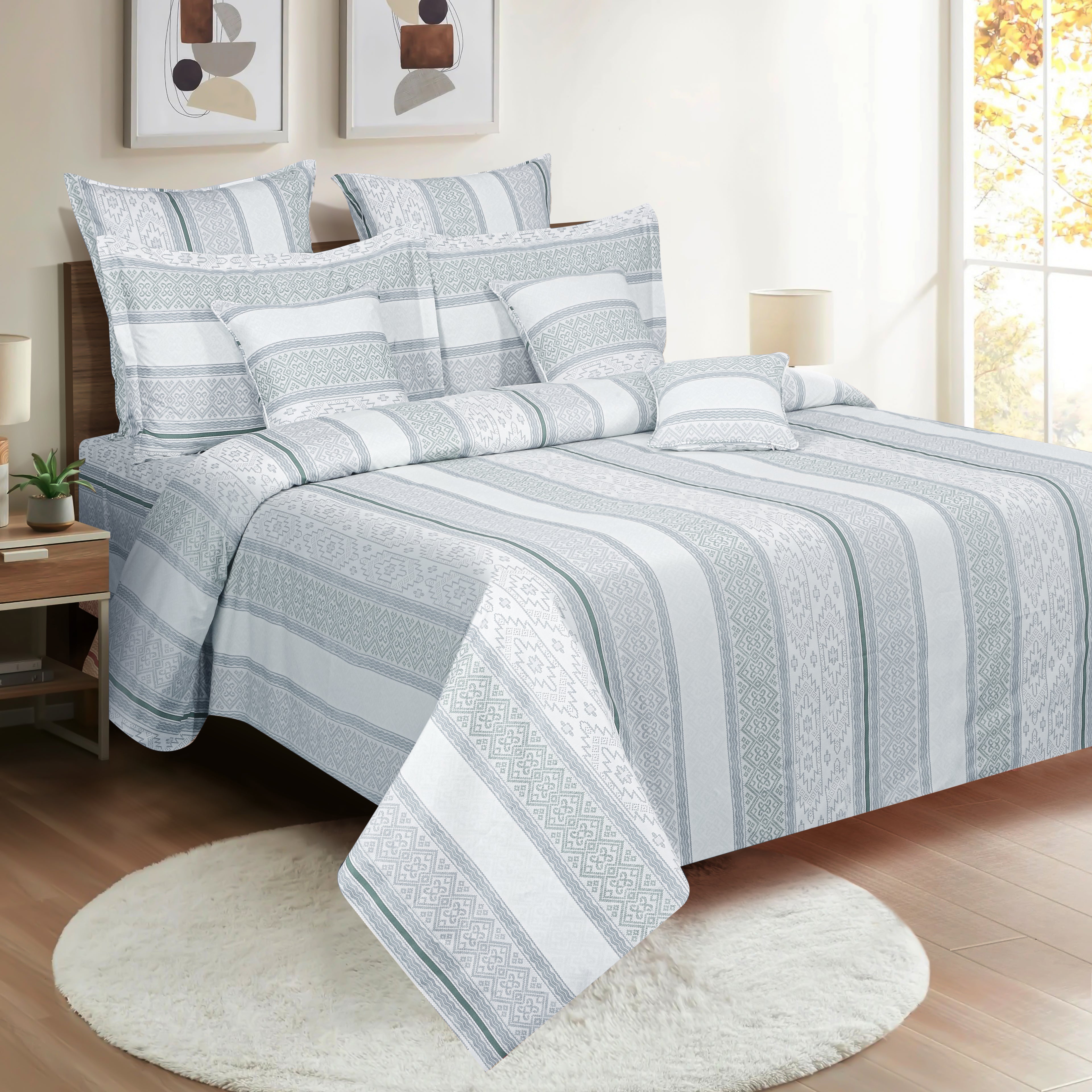 Blue Ethnic Stripe Mercerized Cotton Double Bed in a Bag – Premium Designer Bedding Set
