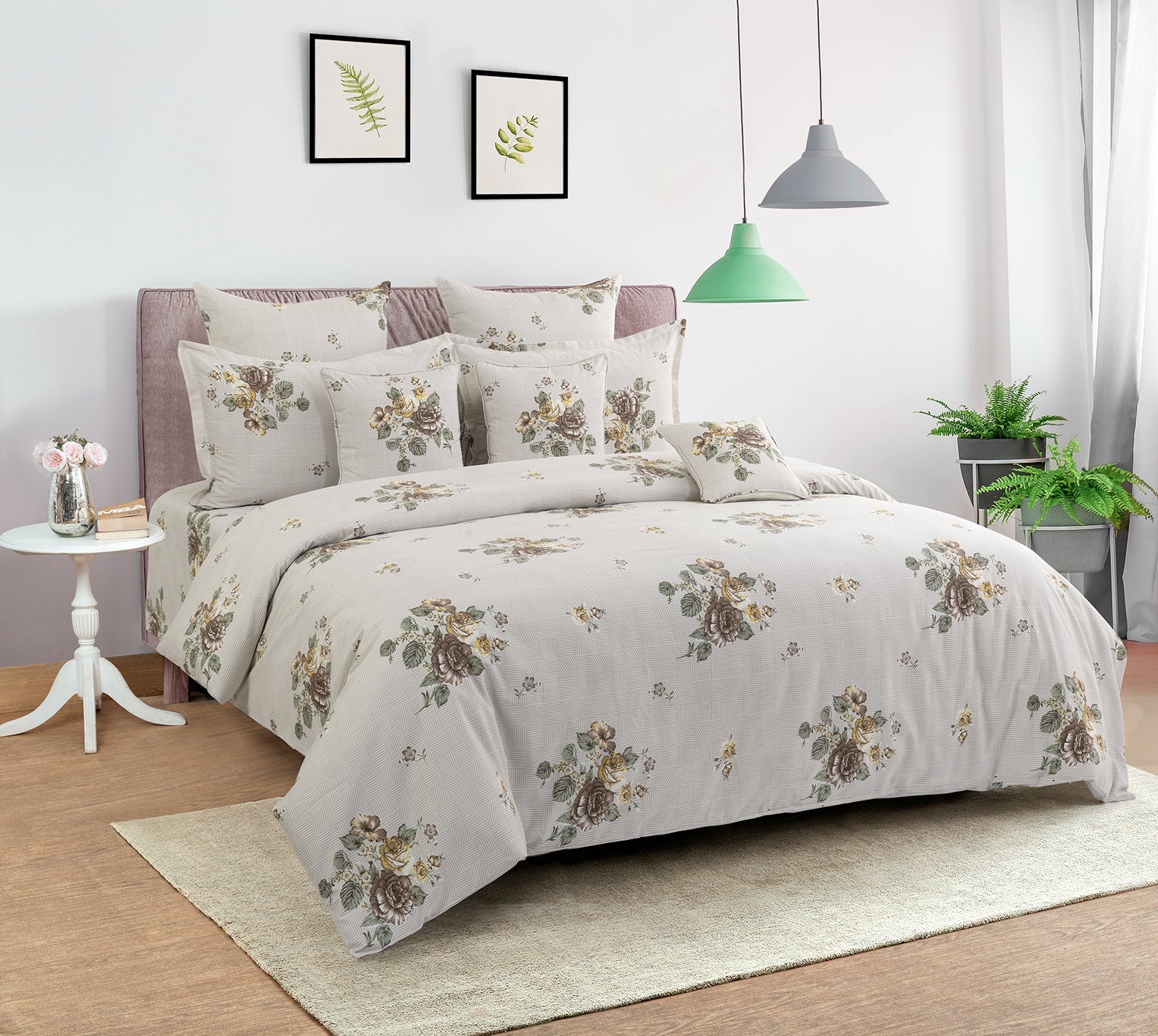 Soft Beige Vintage Floral Pure Cotton Double Bed in a Bag – Premium Luxury Bedding Set