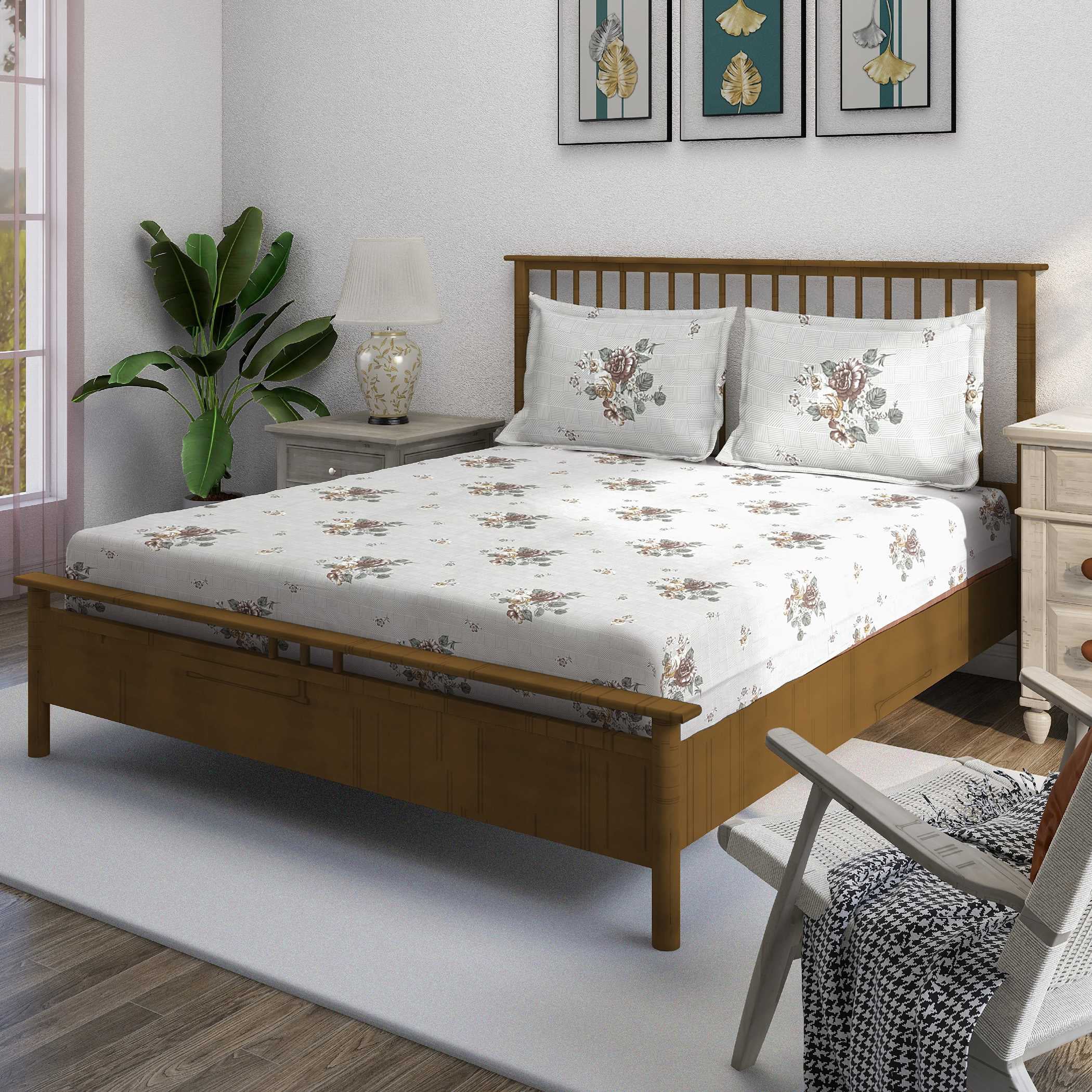 Soft Beige Vintage Floral Pure Cotton Double Bed in a Bag – Premium Luxury Bedding Set