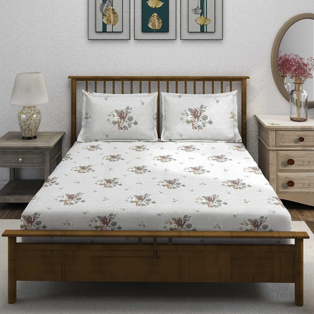 Soft Beige Vintage Floral Pure Cotton Double Bed in a Bag – Premium Luxury Bedding Set